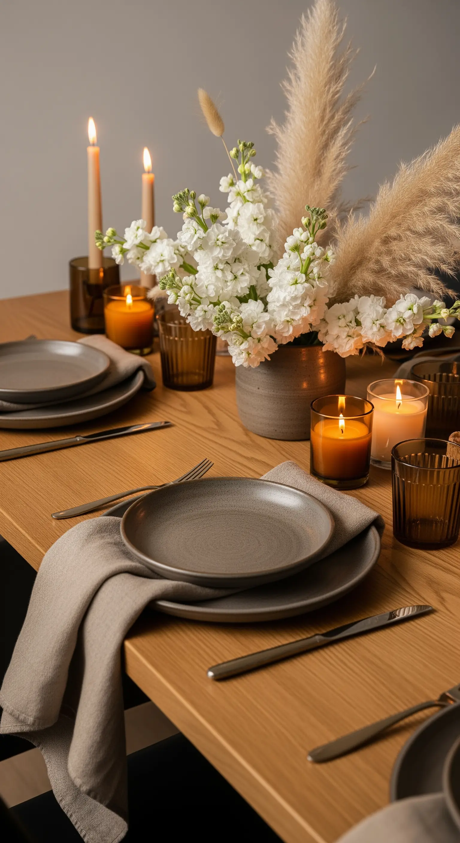 Dettaglio di una tavola con piatti in ceramica, pampas e candele color ambra.