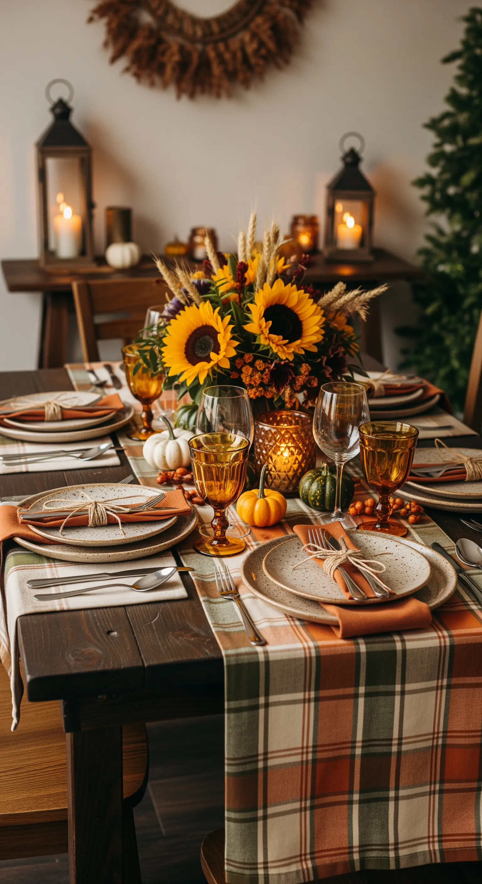 Tavola autunnale con runner scozzese, girasoli e lanterne accese.