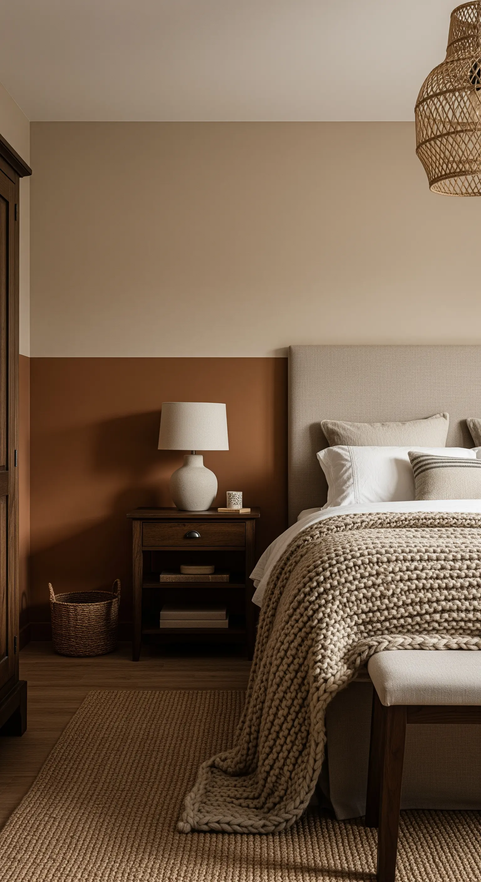 Camera da letto rustica e moderna con parete bicolore color mattone e beige, e tessuti naturali.