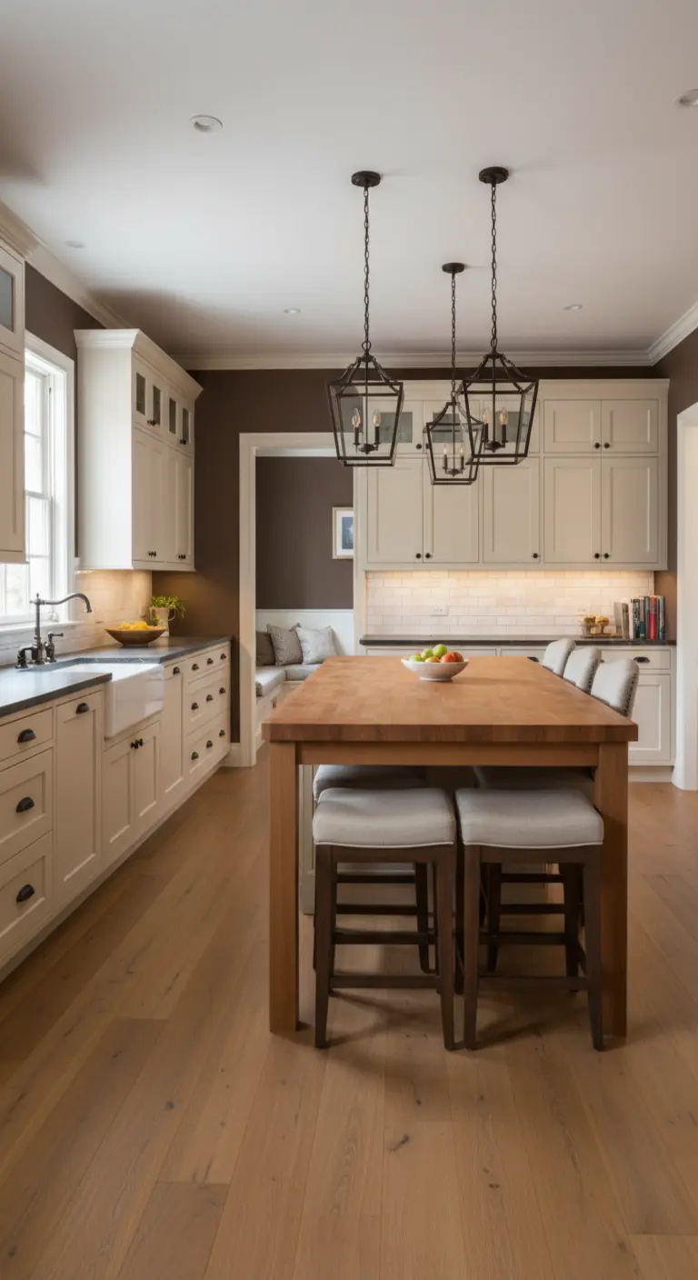 Cucina tradizionale con pareti color talpa, mobili bianco sporco e isola in legno massiccio.