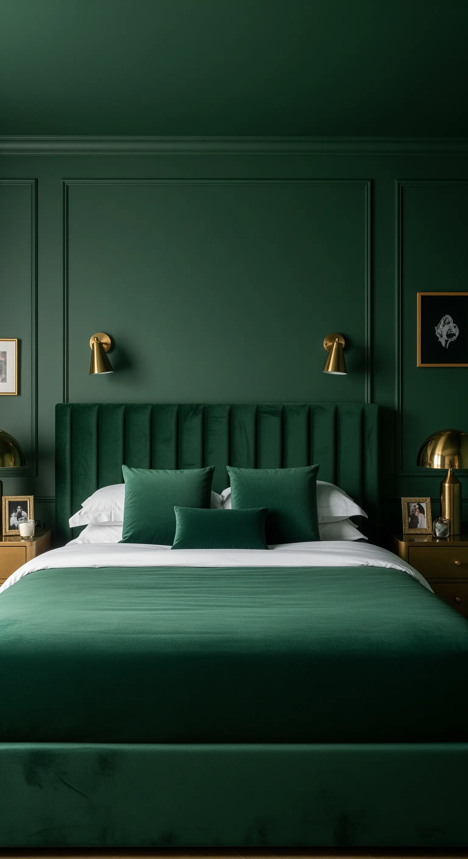 Camera da letto total green con pareti e letto in velluto verde scuro.