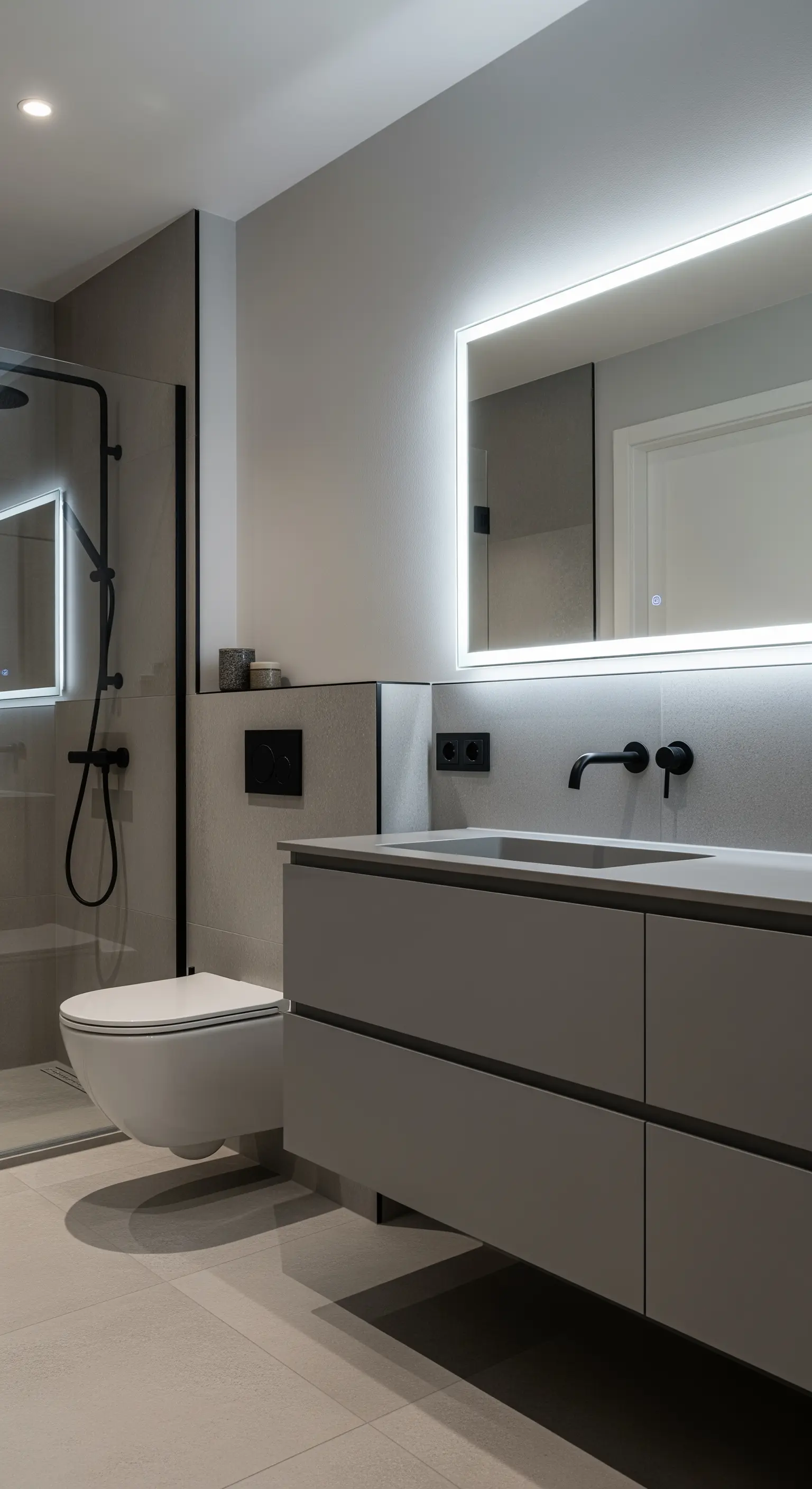 Bagno minimalista con rivestimento e mobile tono su tono e specchio retroilluminato.