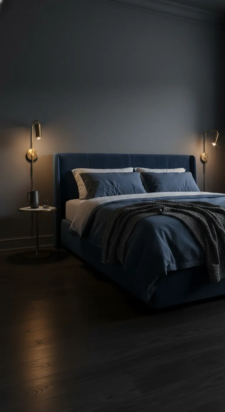 Letto in velluto blu in una camera da letto scura con pareti grigio antracite.