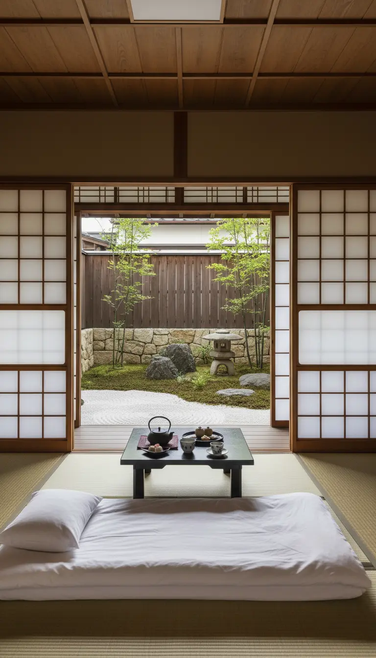 Futon bianco posato su un pavimento in tatami in una tradizionale stanza giapponese con vista giardino.