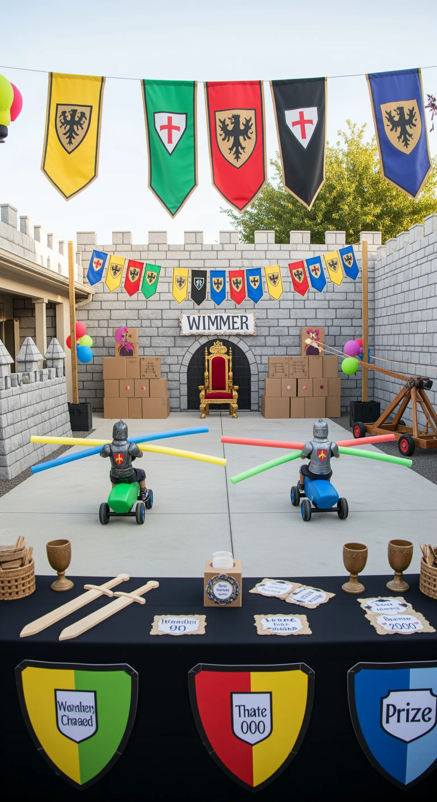 Un torneo medievale per bambini in un cortile, con un castello di cartone, stendardi e giochi.