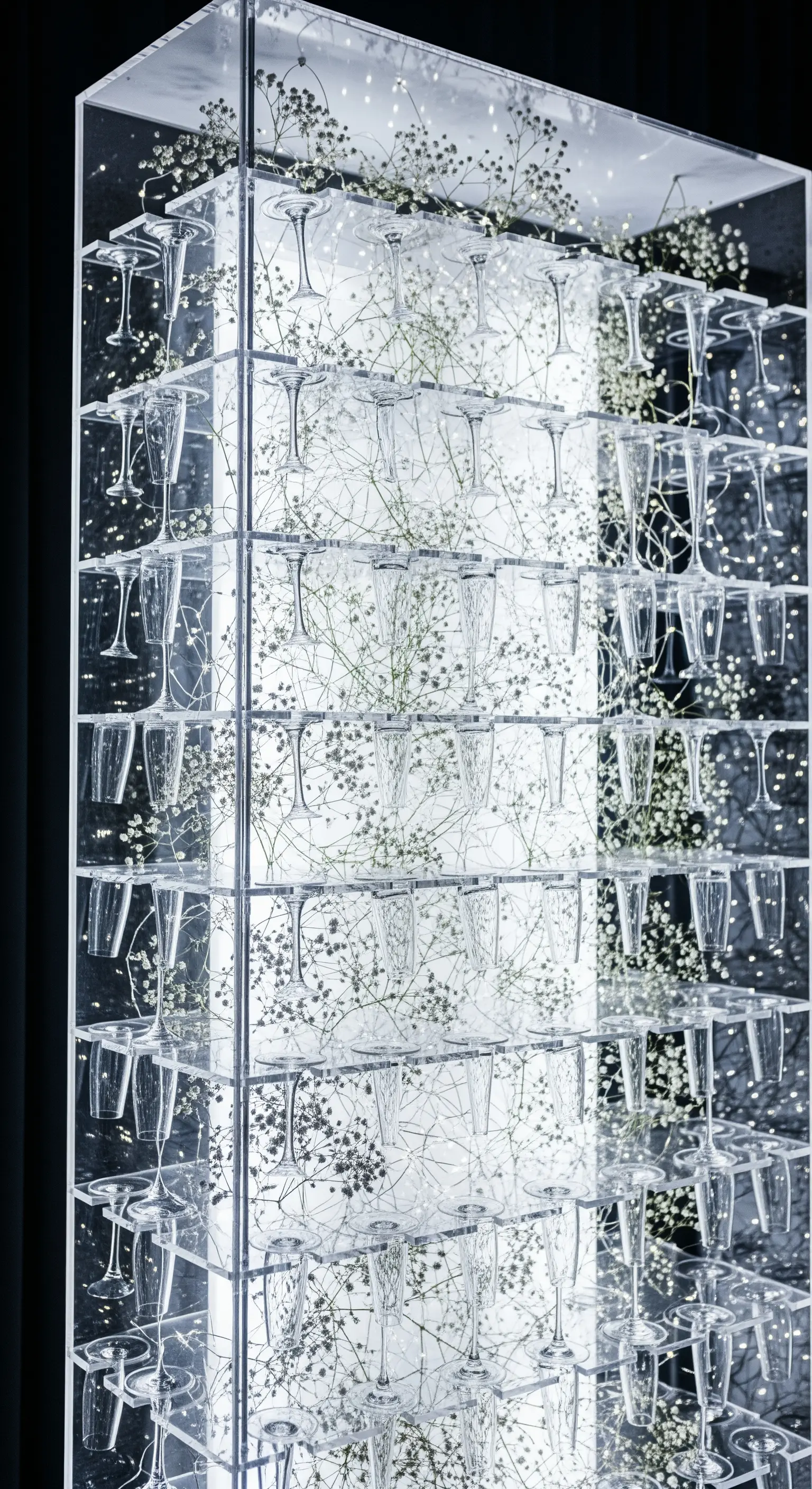Torre espositiva trasparente e illuminata, con calici e rami di gypsophila sospesi.