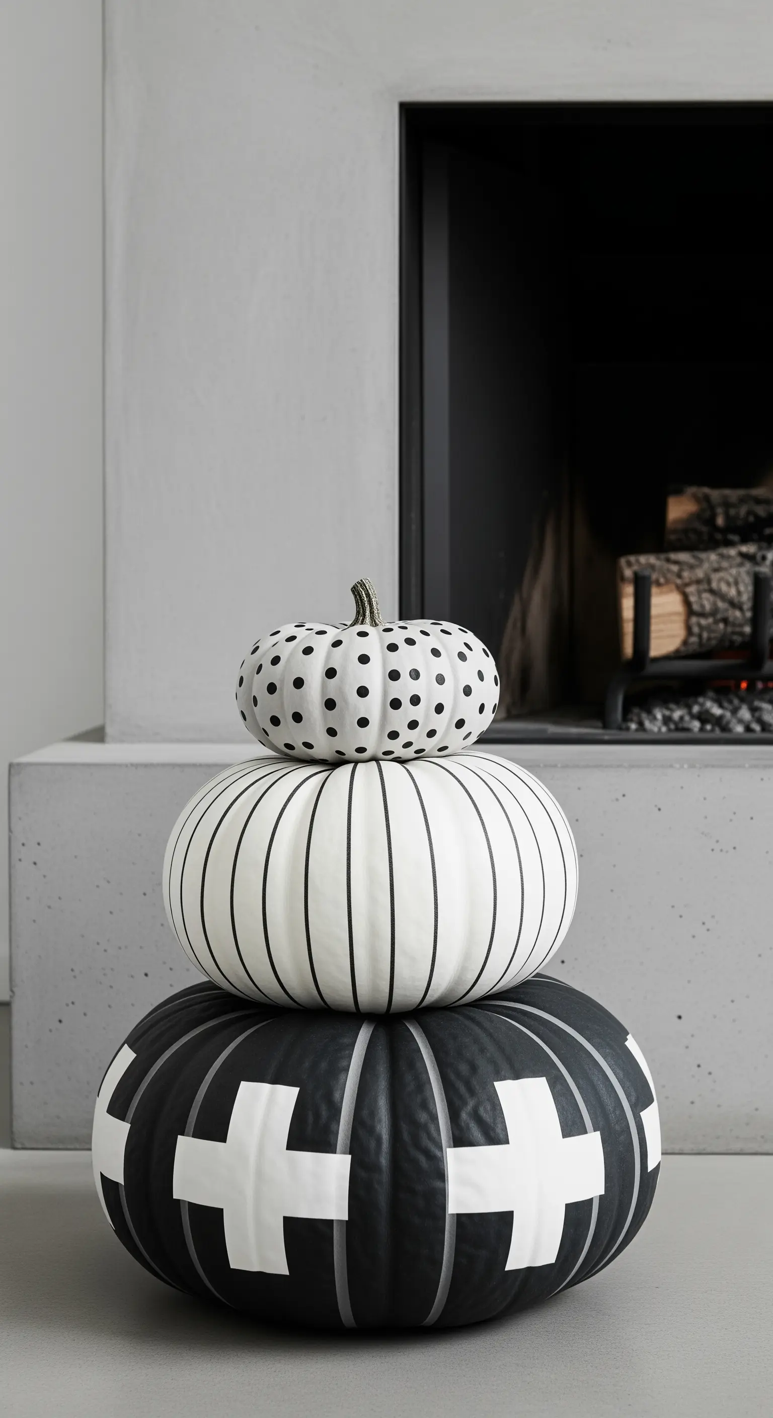 Pila di tre zucche in bianco e nero con motivi grafici diversi: croci, righe e pois.
