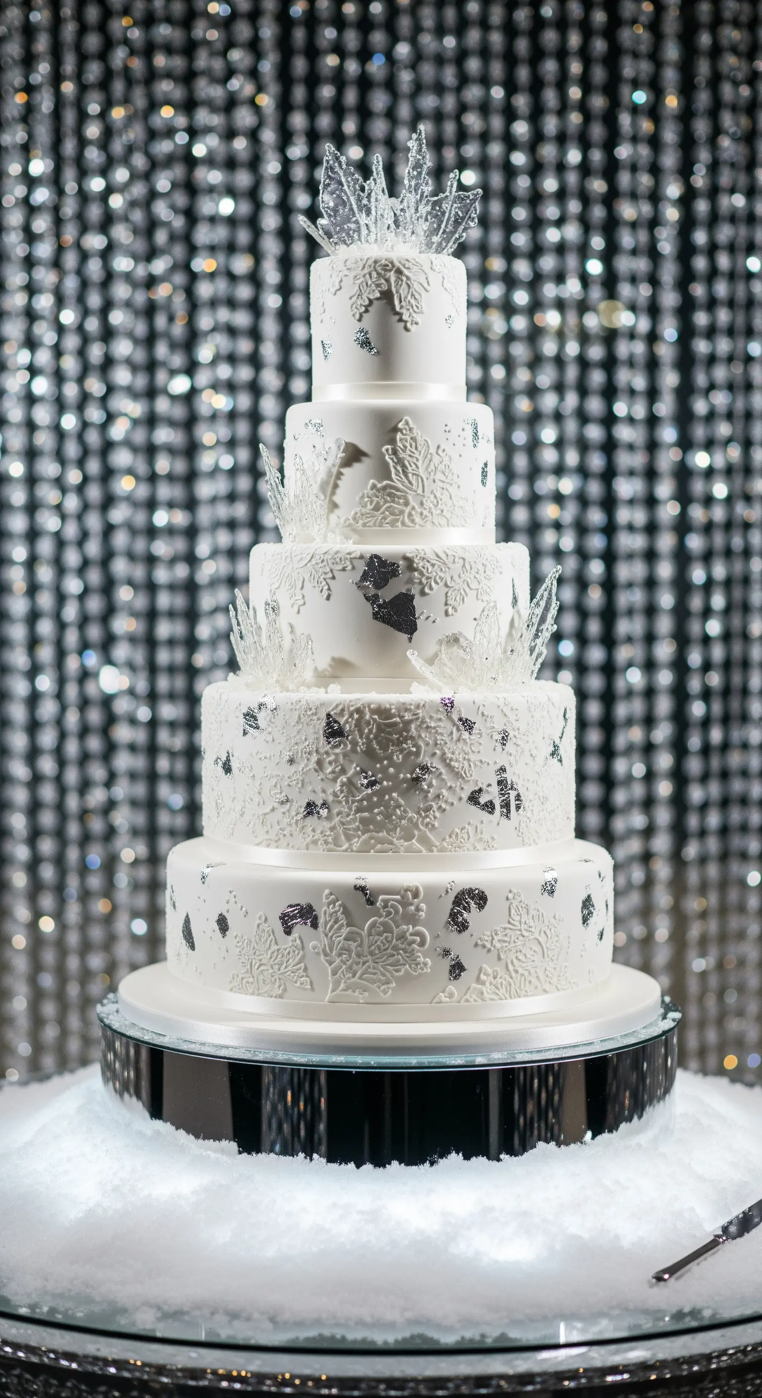 Torta nuziale bianca a più piani decorata con cristalli di zucchero e fiocchi di neve.