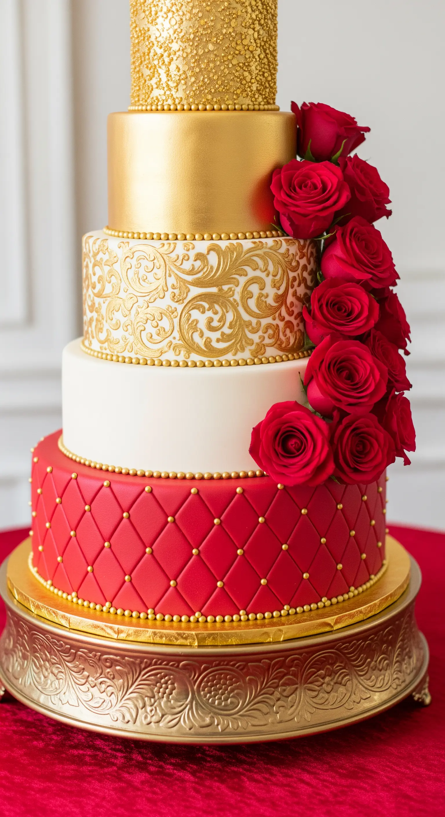 Torta nuziale a quattro piani decorata in rosso e oro, con una cascata di rose rosse.