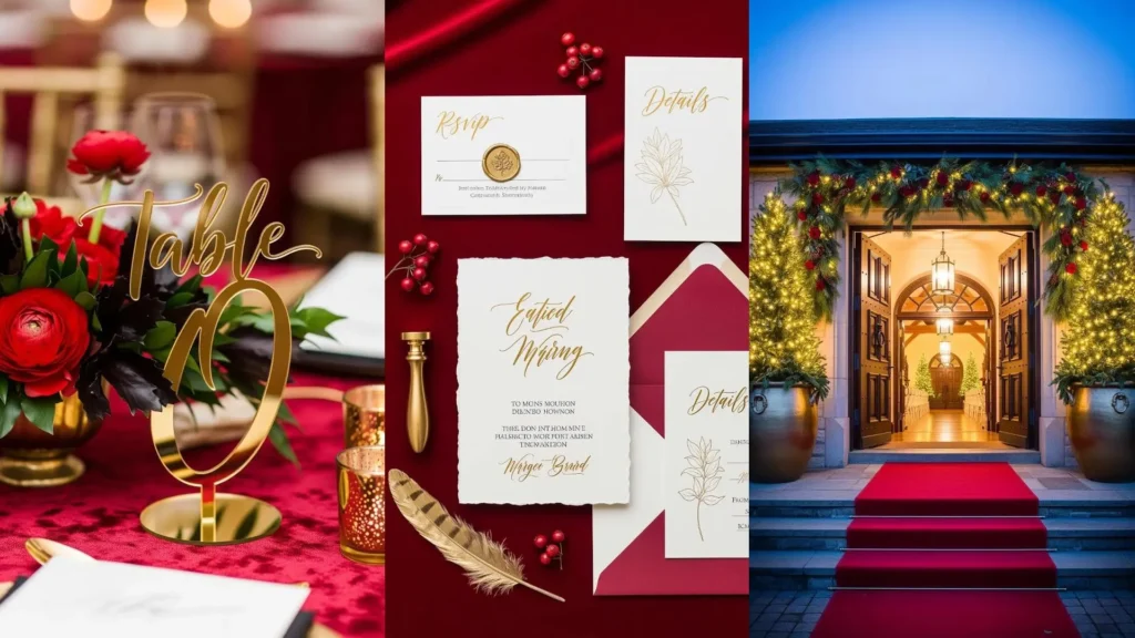 Dettagli di un matrimonio invernale da sogno con decorazioni in oro e velluto rosso, inclusi inviti, allestimenti e ingresso.
