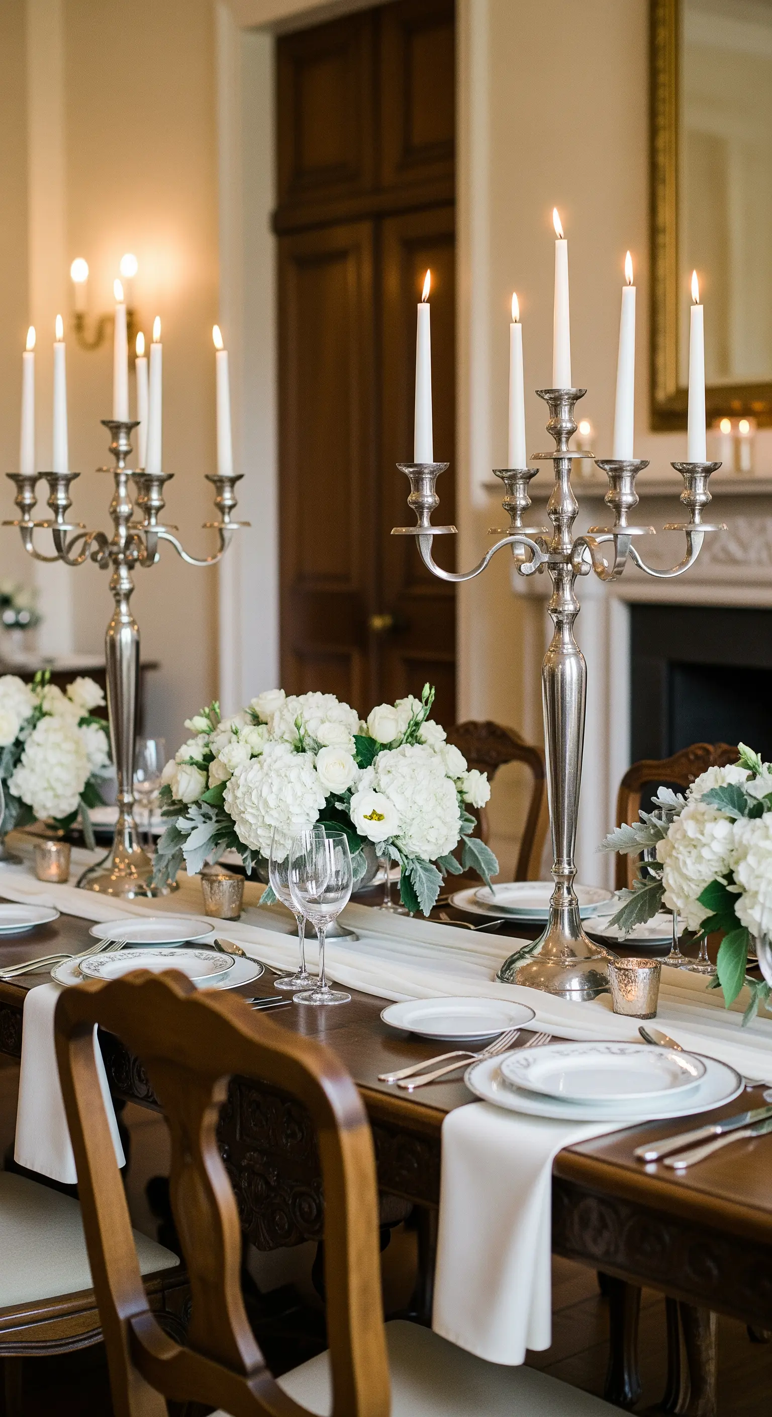 Tavola imponente con grandi candelabri d'argento e composizioni di ortensie bianche.