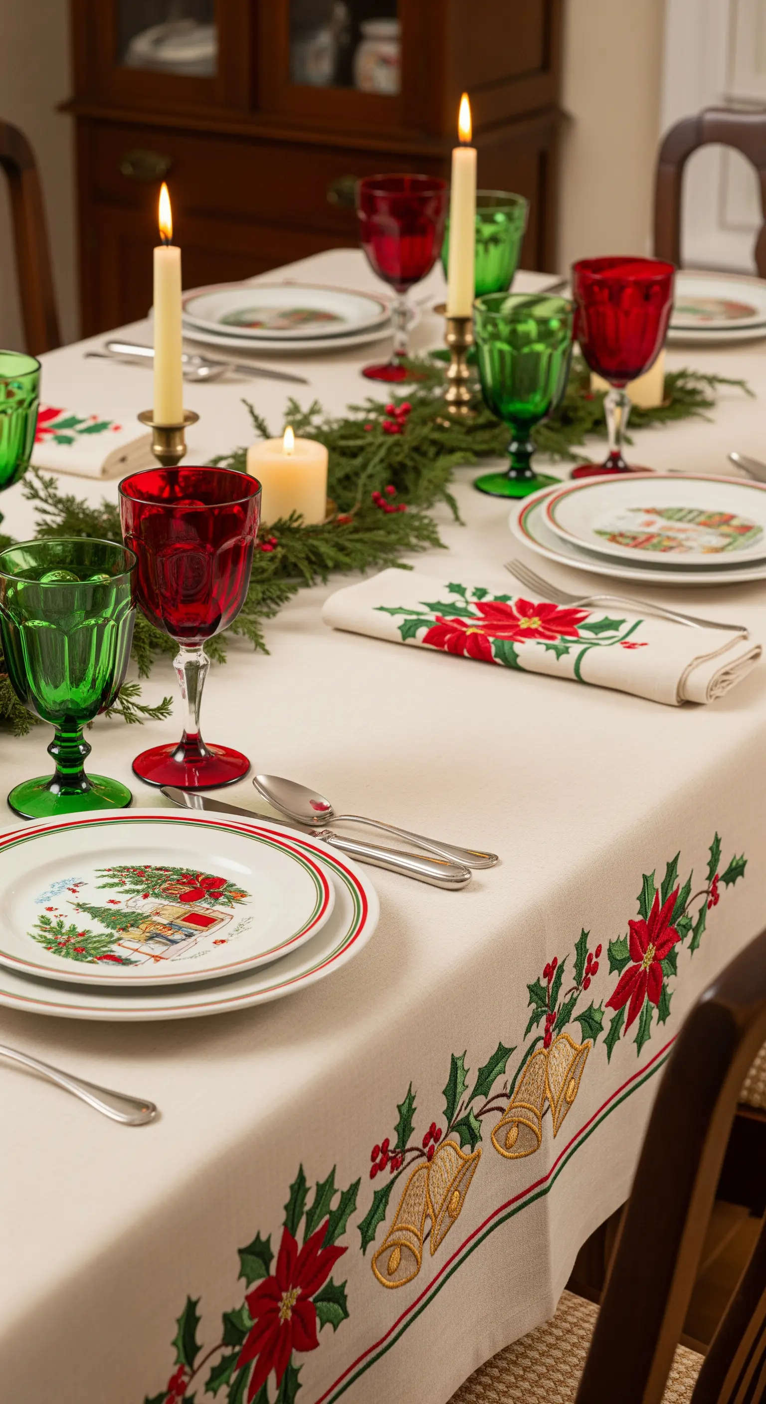 Tavola di Natale con tovaglia ricamata, centrotavola verde e bicchieri rossi e verdi.