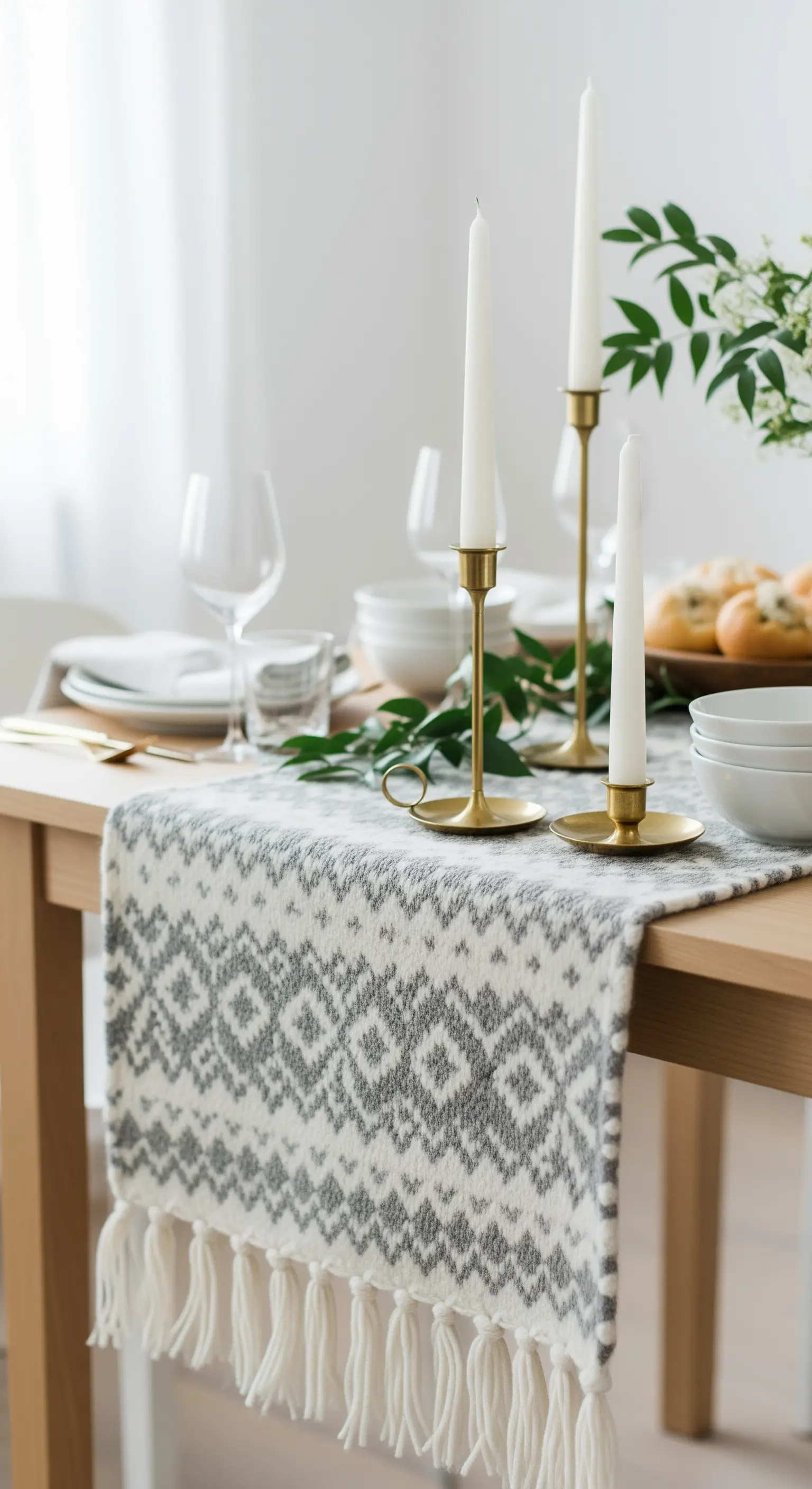 Runner in lana con motivo geometrico scandinavo, candelabri in ottone e rami verdi.