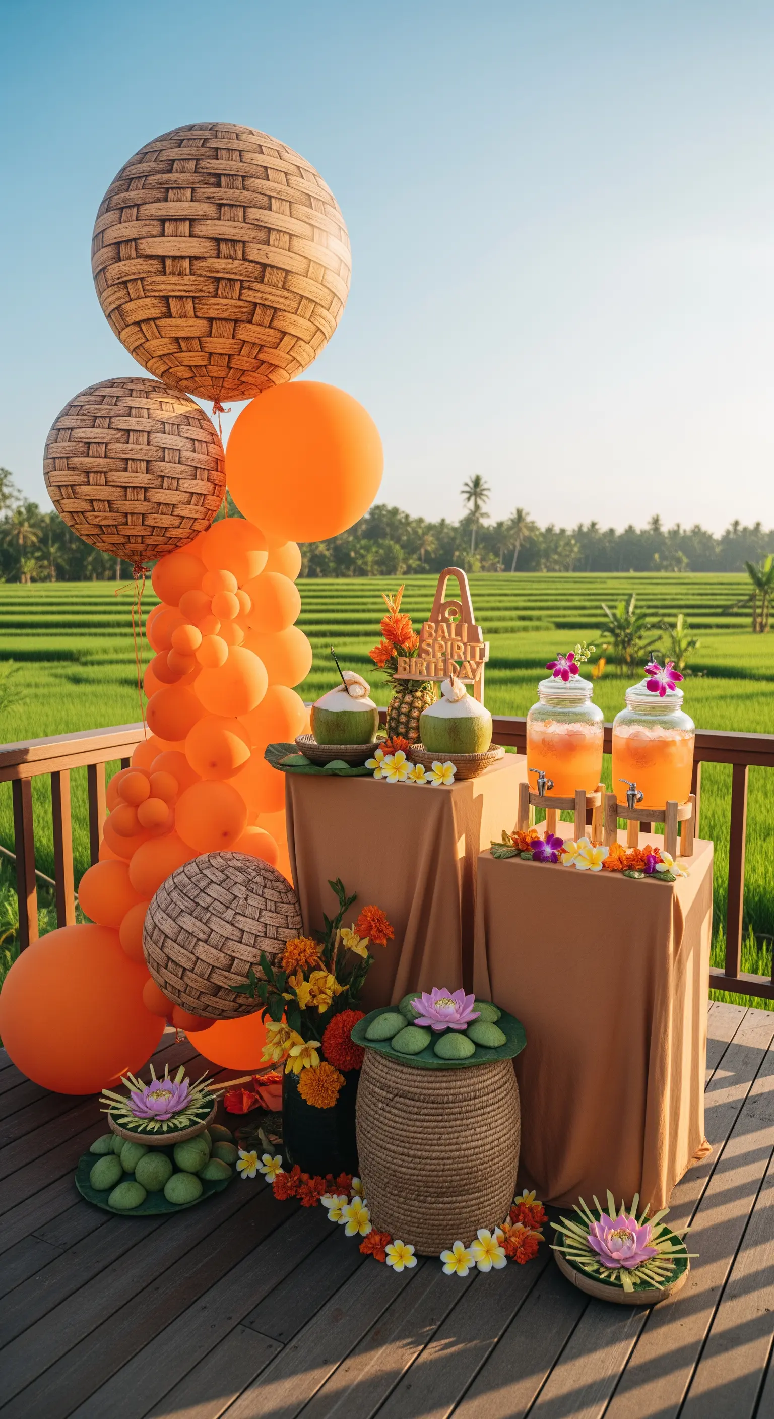 Festa a tema Bali con palloncini effetto rattan, fiori tropicali e drink al cocco.