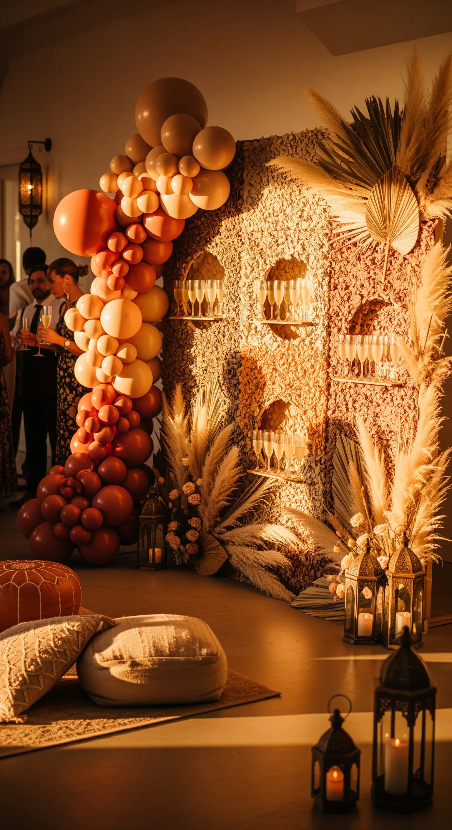 Allestimento boho-chic con palloncini color terracotta, pampas e lanterne al tramonto.
