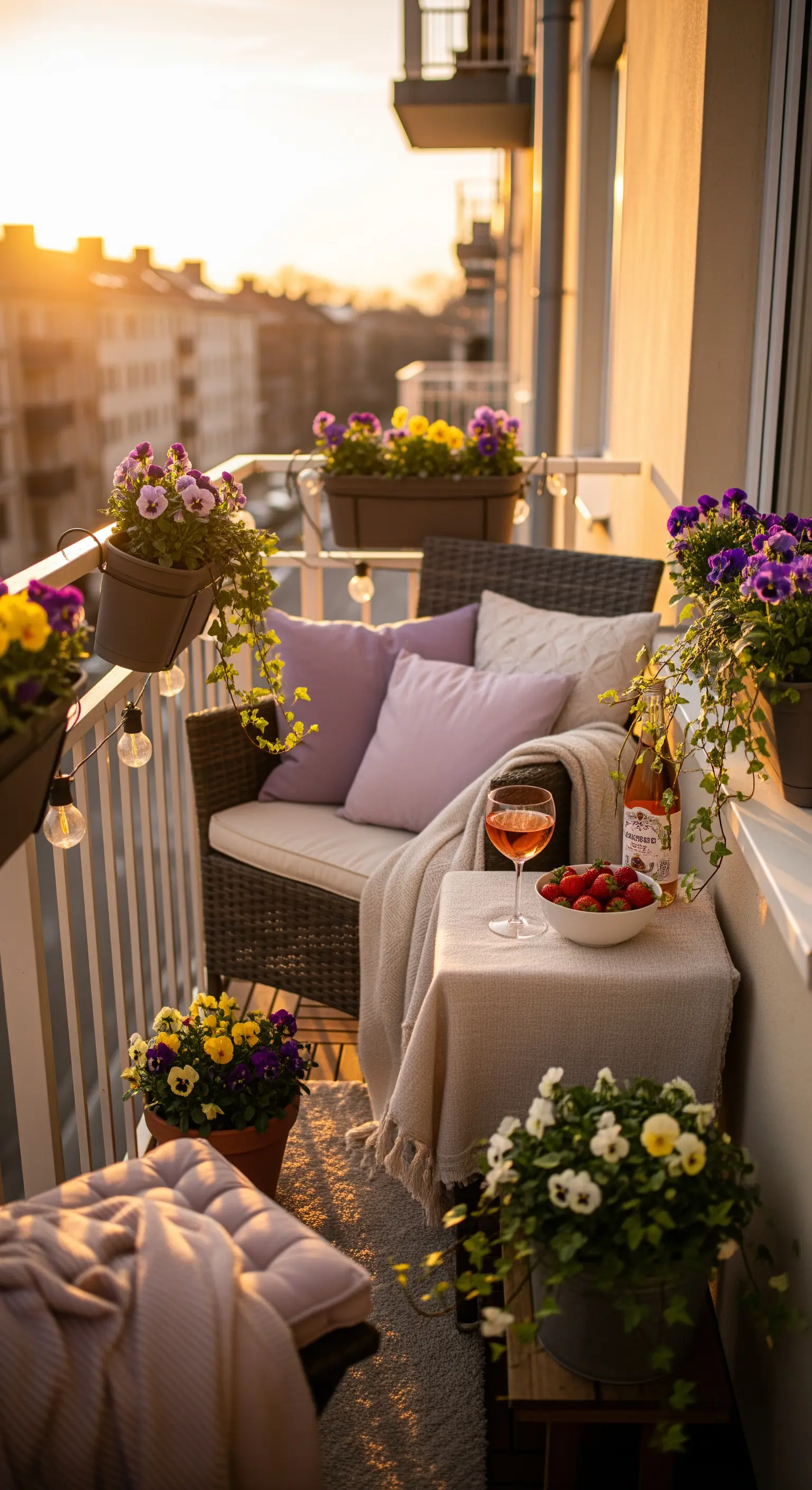 Balcone accogliente al tramonto con cuscini viola, fiori e un bicchiere di rosé.