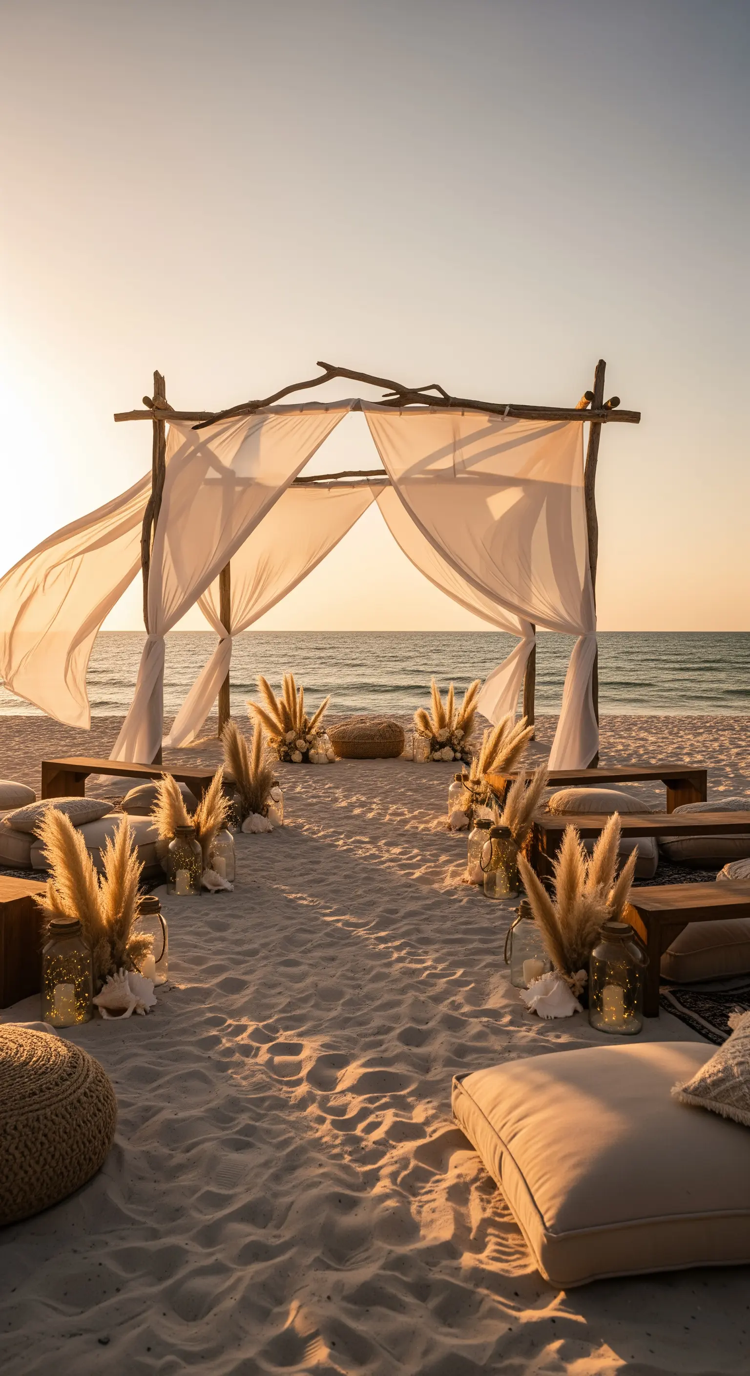 Allestimento per festa in spiaggia al tramonto con arco in legno e tende bianche.