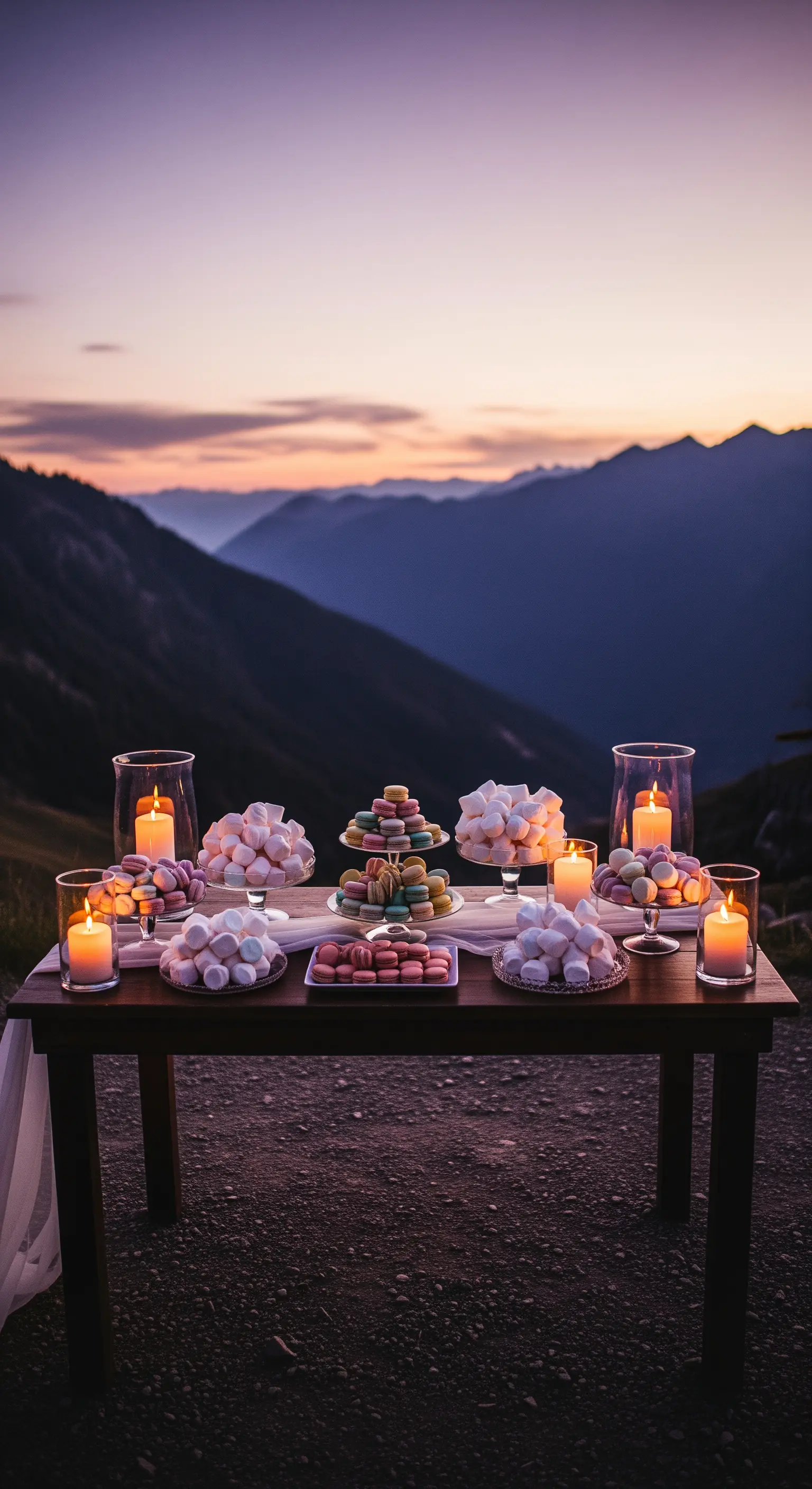 Tavolo con macarons e marshmallow illuminato da candele, con un tramonto sulle montagne come sfondo.