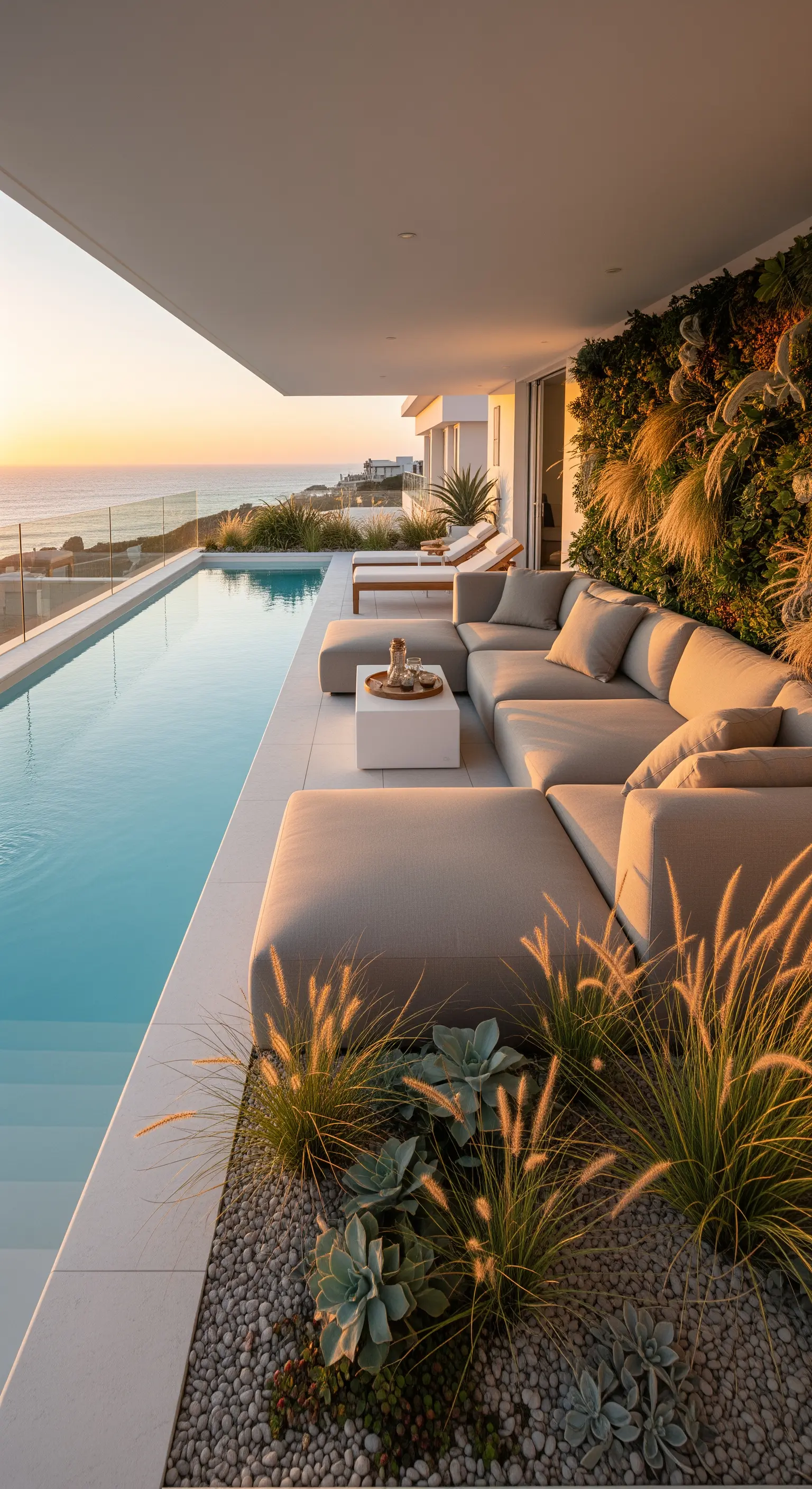 Terrazza con piscina a sfioro vista mare, divano modulare e piante grasse al tramonto.