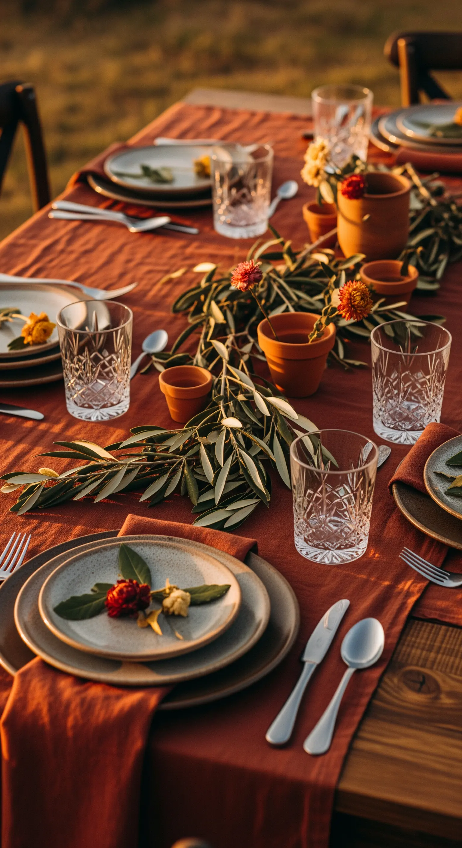 Tavola color terracotta con rami d'ulivo e vasetti in ceramica.