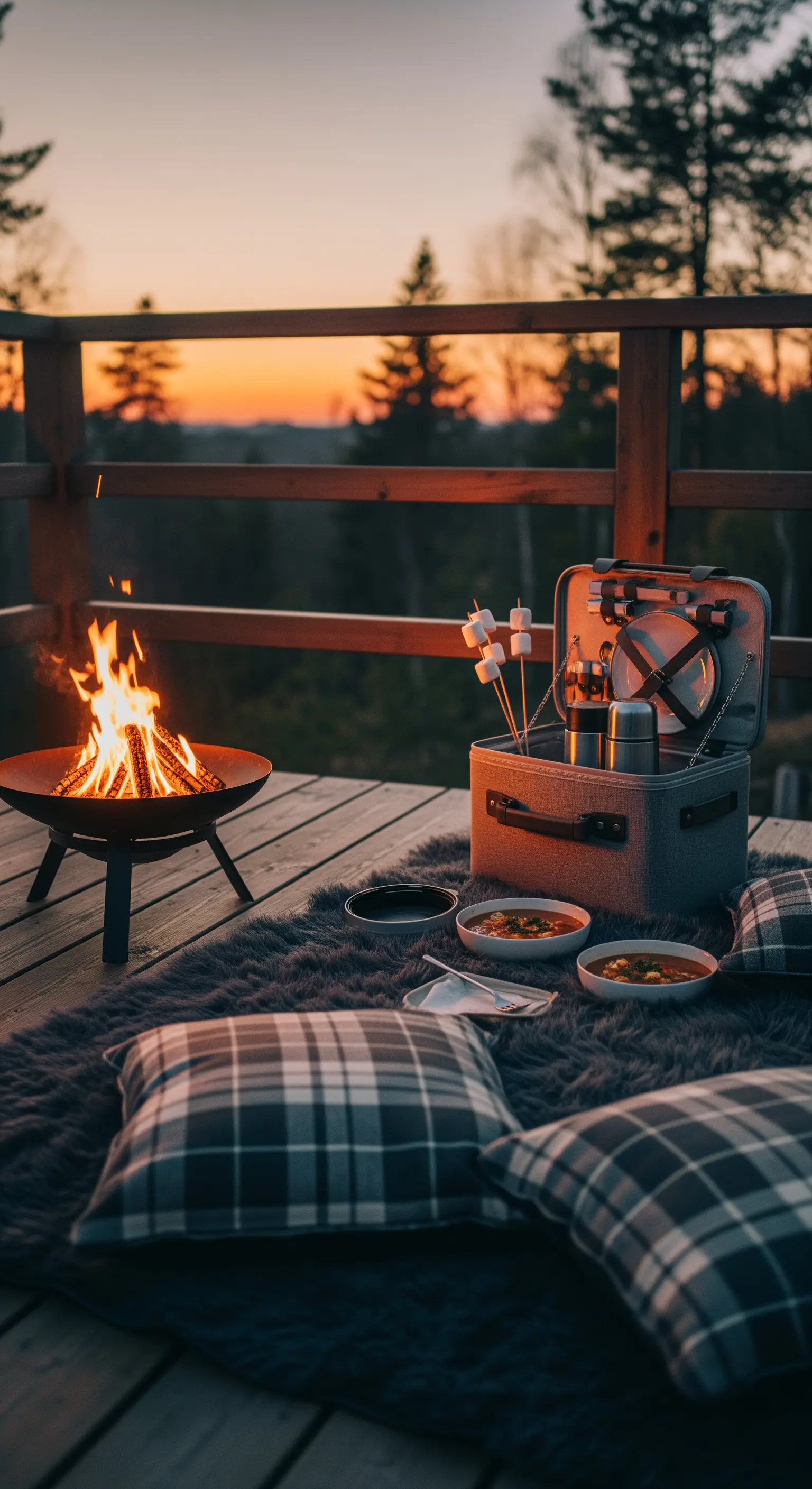 Picnic serale su una terrazza in legno con braciere acceso, cuscini in tartan e tappeto di pelliccia.