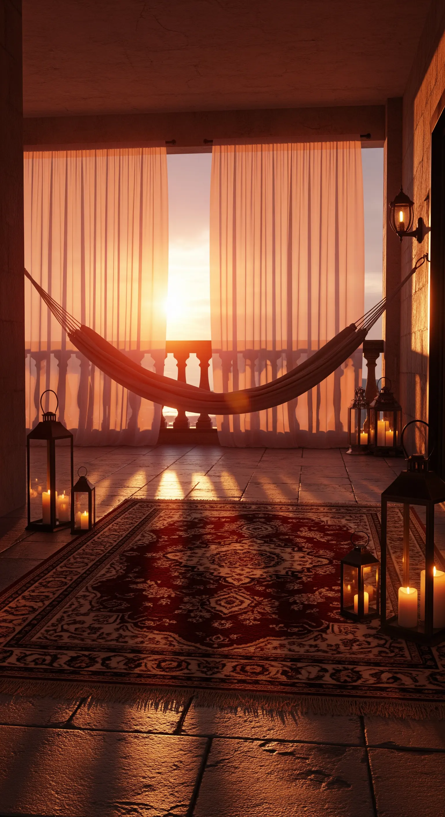 Balcone al tramonto con amaca, tappeto persiano rosso e lanterne accese.