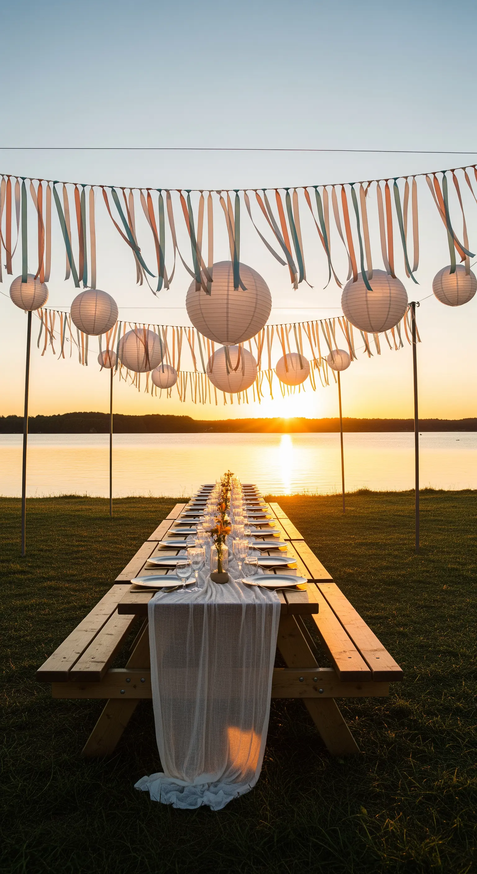 Tavolo da picnic al tramonto con lanterne di carta e nastri colorati.
