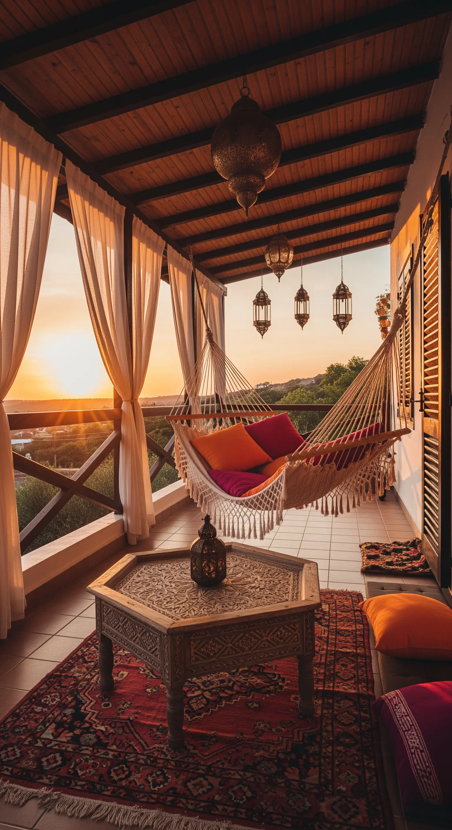 Balcone al tramonto con amaca, cuscini colorati, tende e lanterne marocchine.