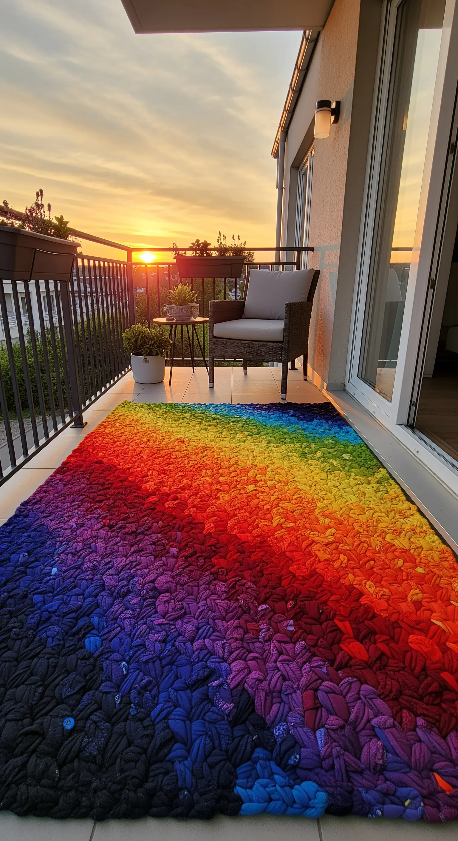 Tappeto in tessuto riciclato con gradiente arcobaleno su un balcone al tramonto