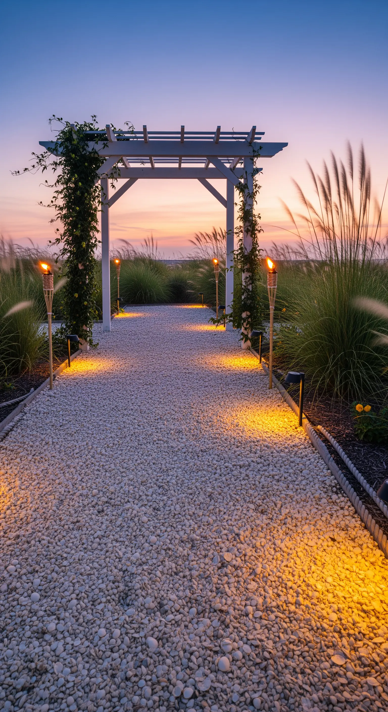 Sentiero di ghiaia bianca al tramonto, illuminato da torce di bambù e fiancheggiato da erbe alte.