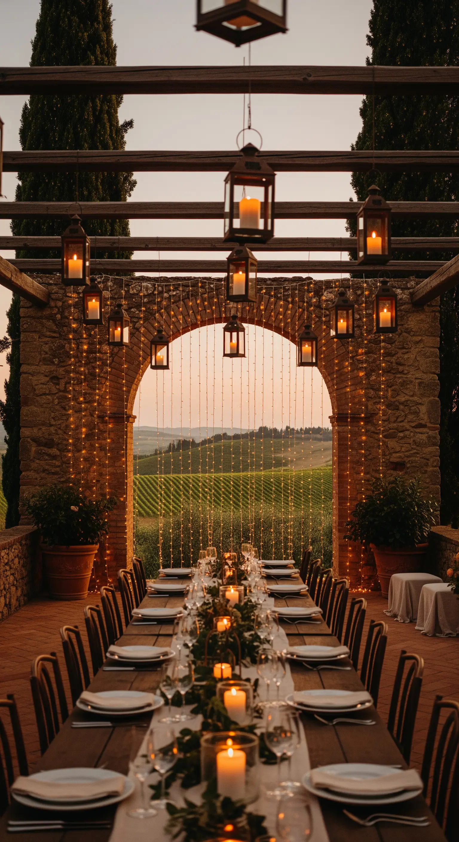 Tavolata su una terrazza con vista colline, un arco in pietra decorato con lucine e lanterne.