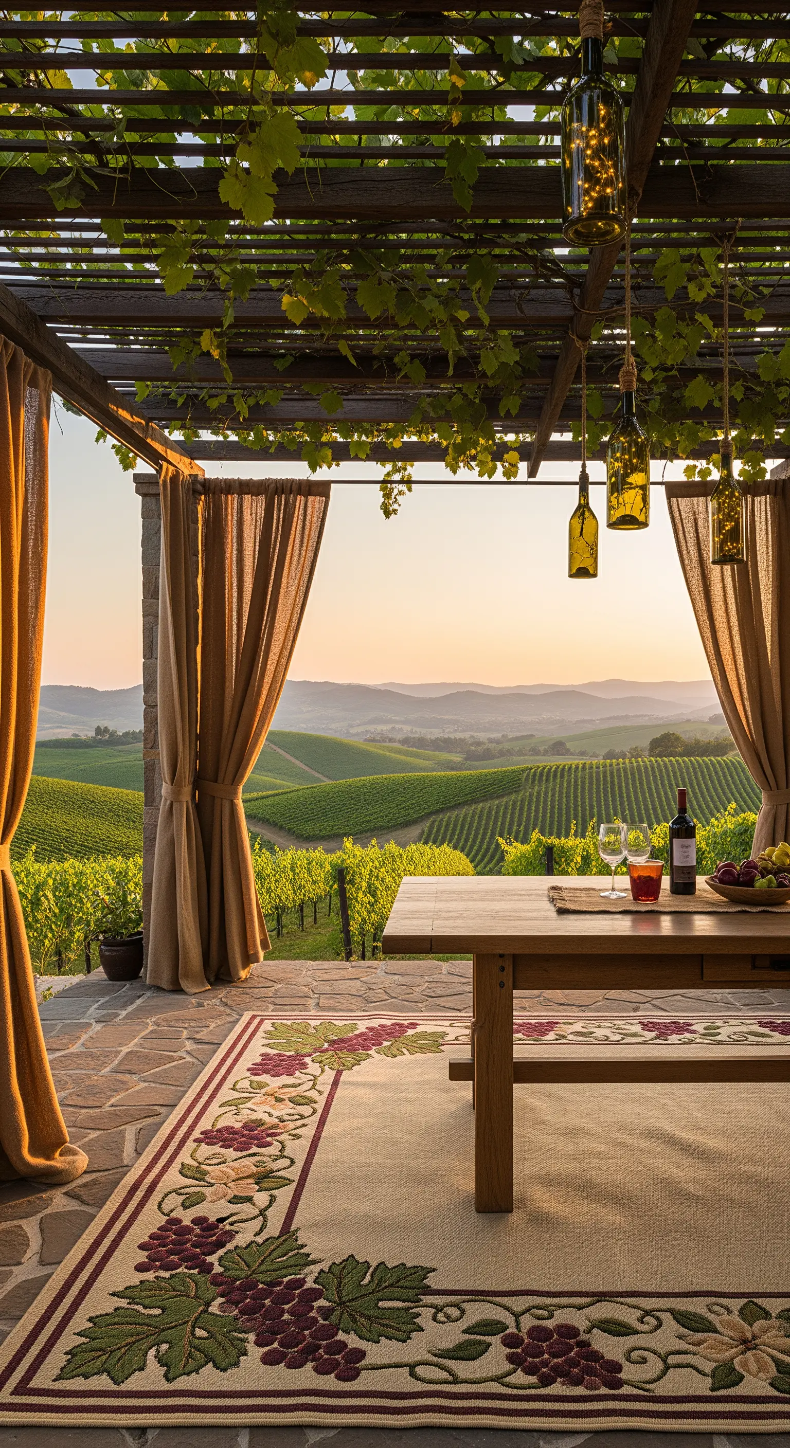 Patio con vista sui vigneti, tavolo in legno, tende color ocra e lampade fatte con bottiglie.