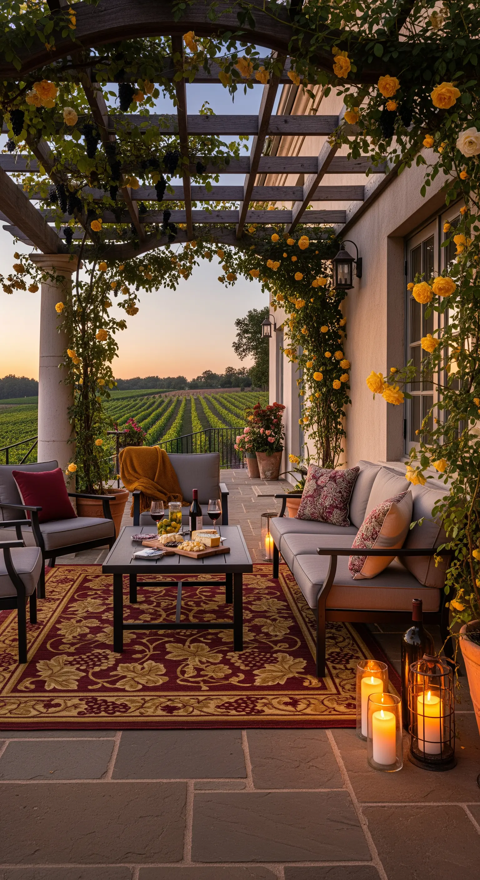 Patio con pergola e rose gialle affacciato su un vigneto al tramonto.