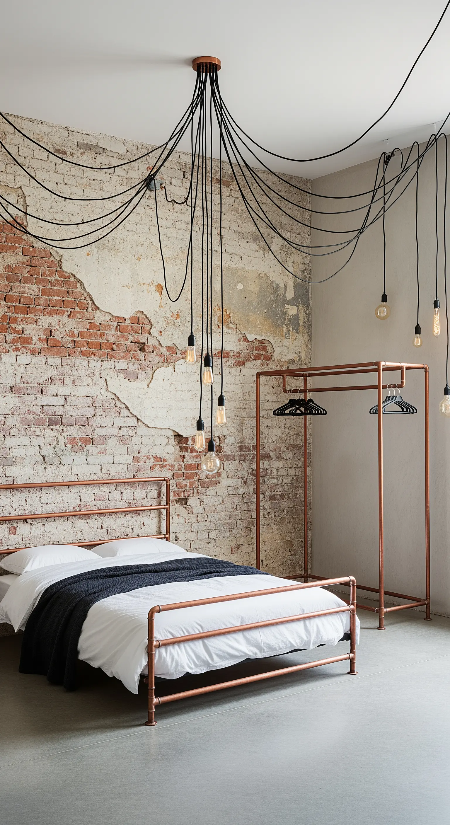 Installazione luminosa con cavi neri a vista su una parete di mattoni scrostata e arredi in rame.