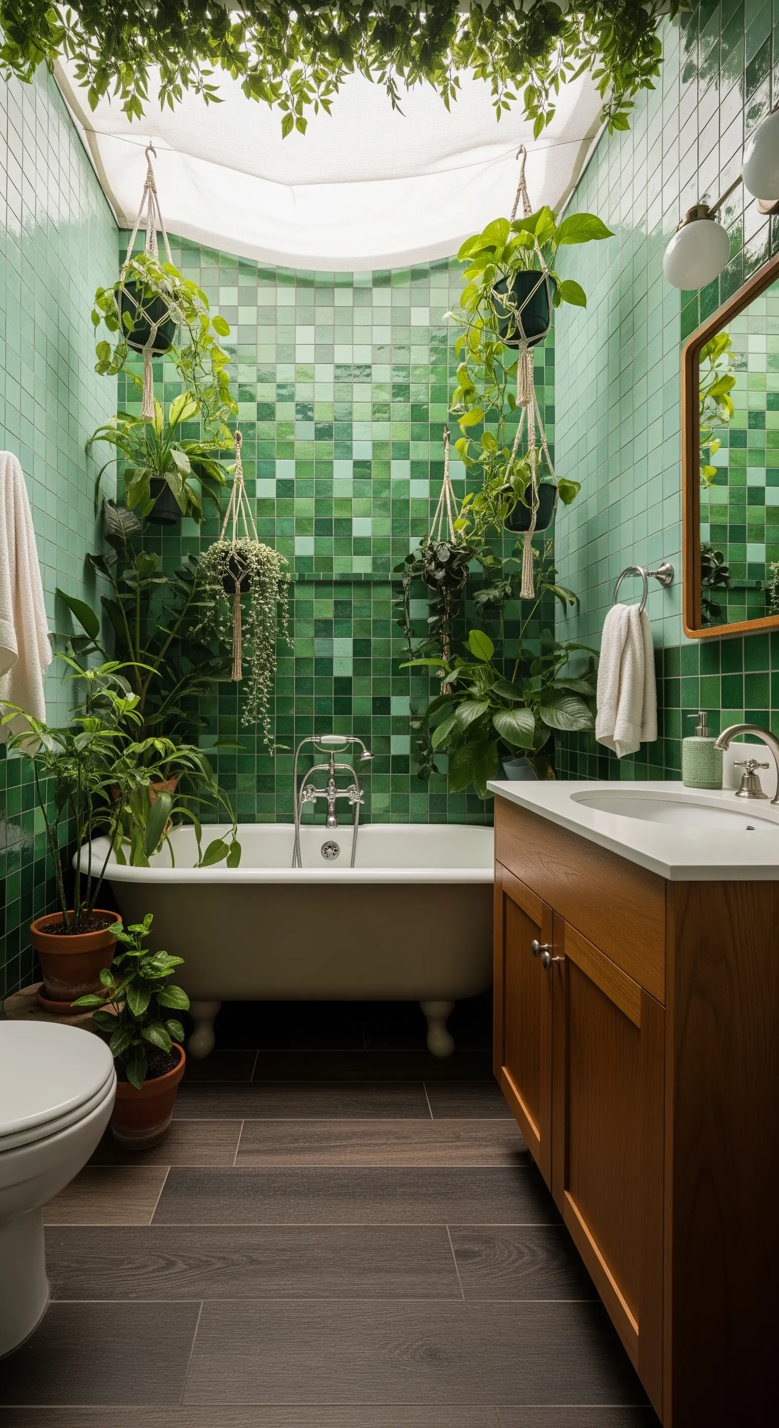 Bagno luminoso con piastrelle verdi e numerose piante appese e a terra.