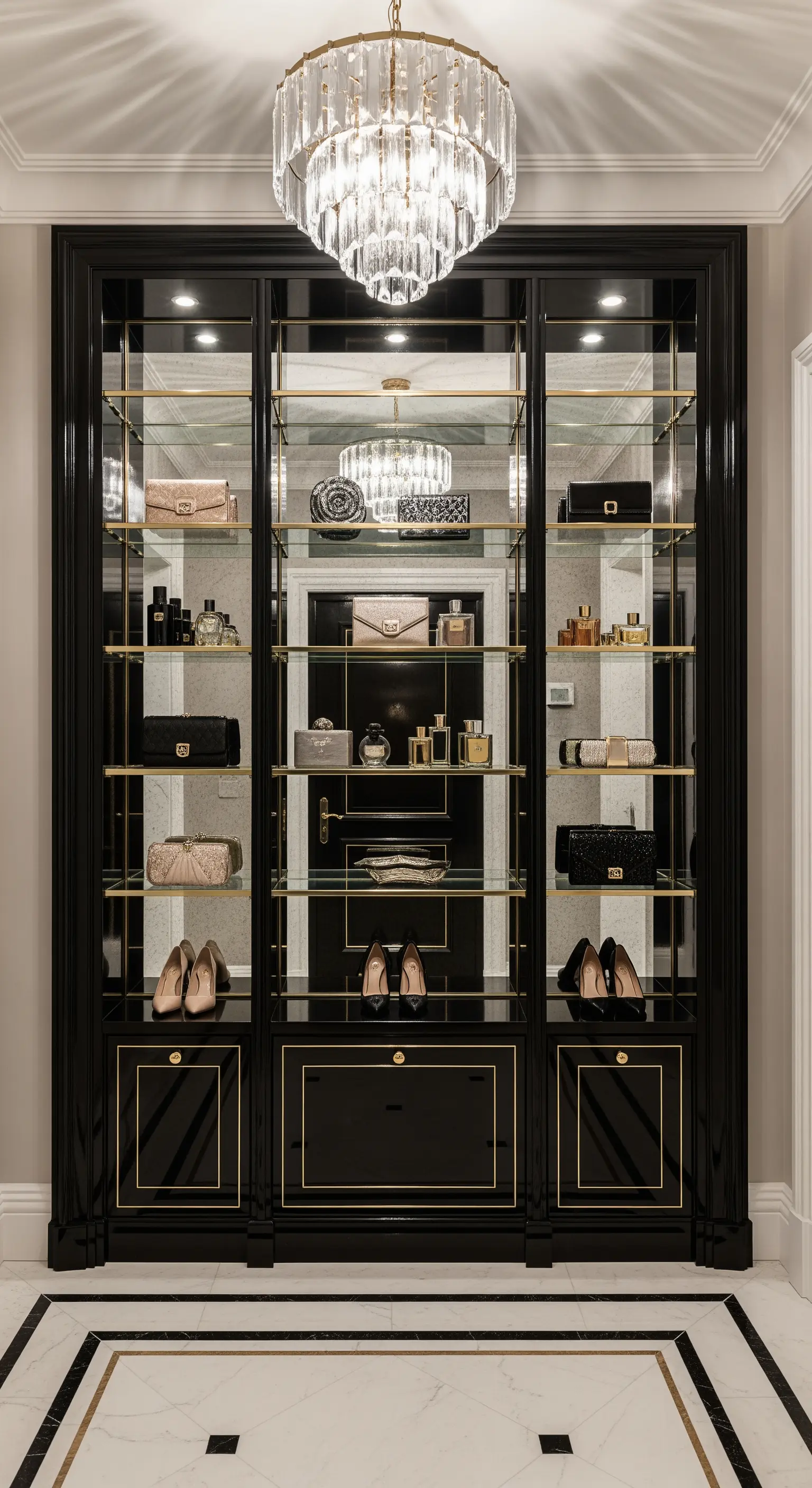 Vetrina nera laccata con profili dorati e ripiani in vetro per esporre borse e scarpe.