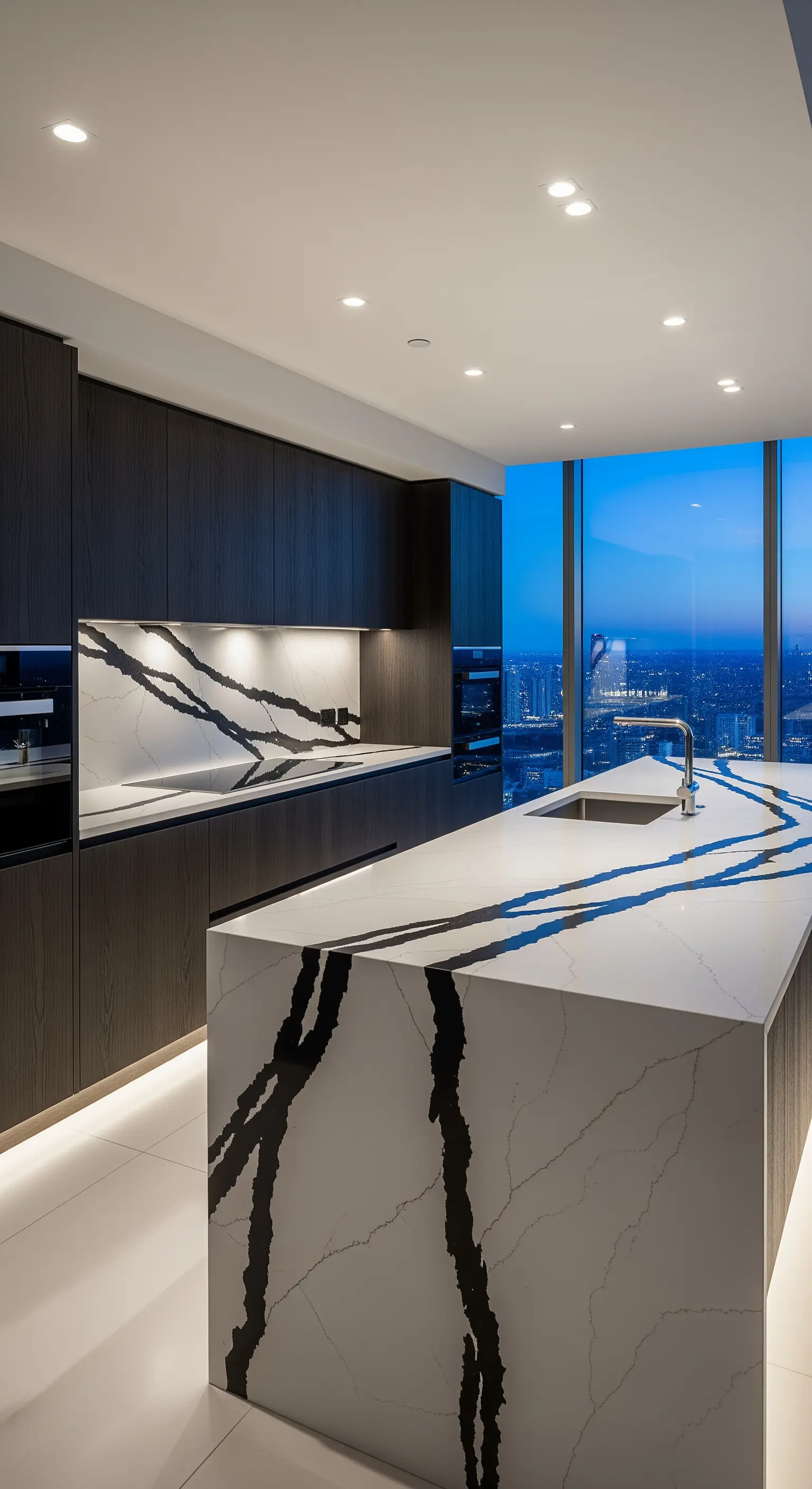 Cucina moderna con isola a cascata in quarzo bianco con venature nere molto marcate.