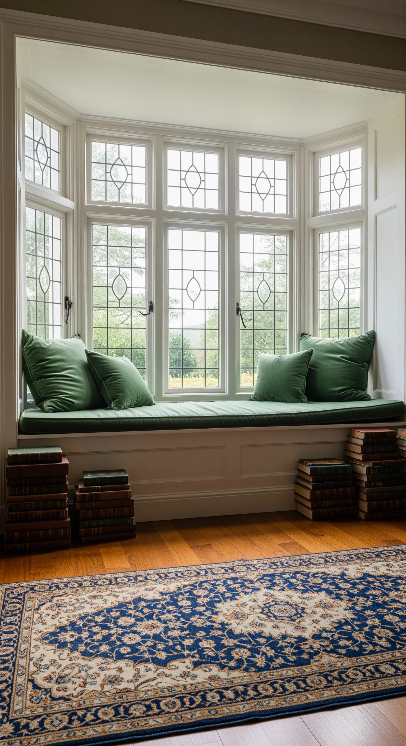 Panca da lettura in una finestra a bovindo, con cuscini in velluto verde e pile di libri antichi.