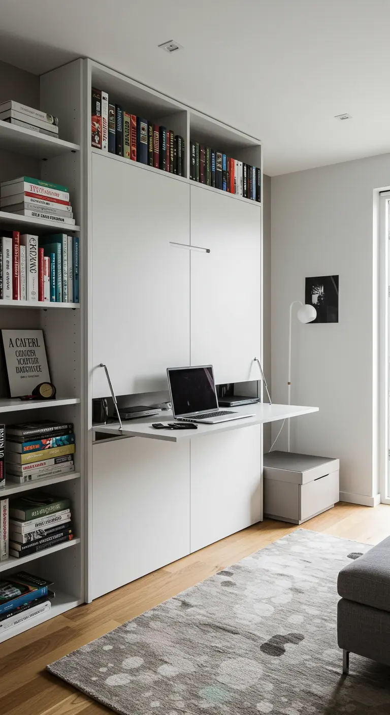 Letto a scomparsa bianco con scrivania ribaltabile integrata in una libreria a parete.