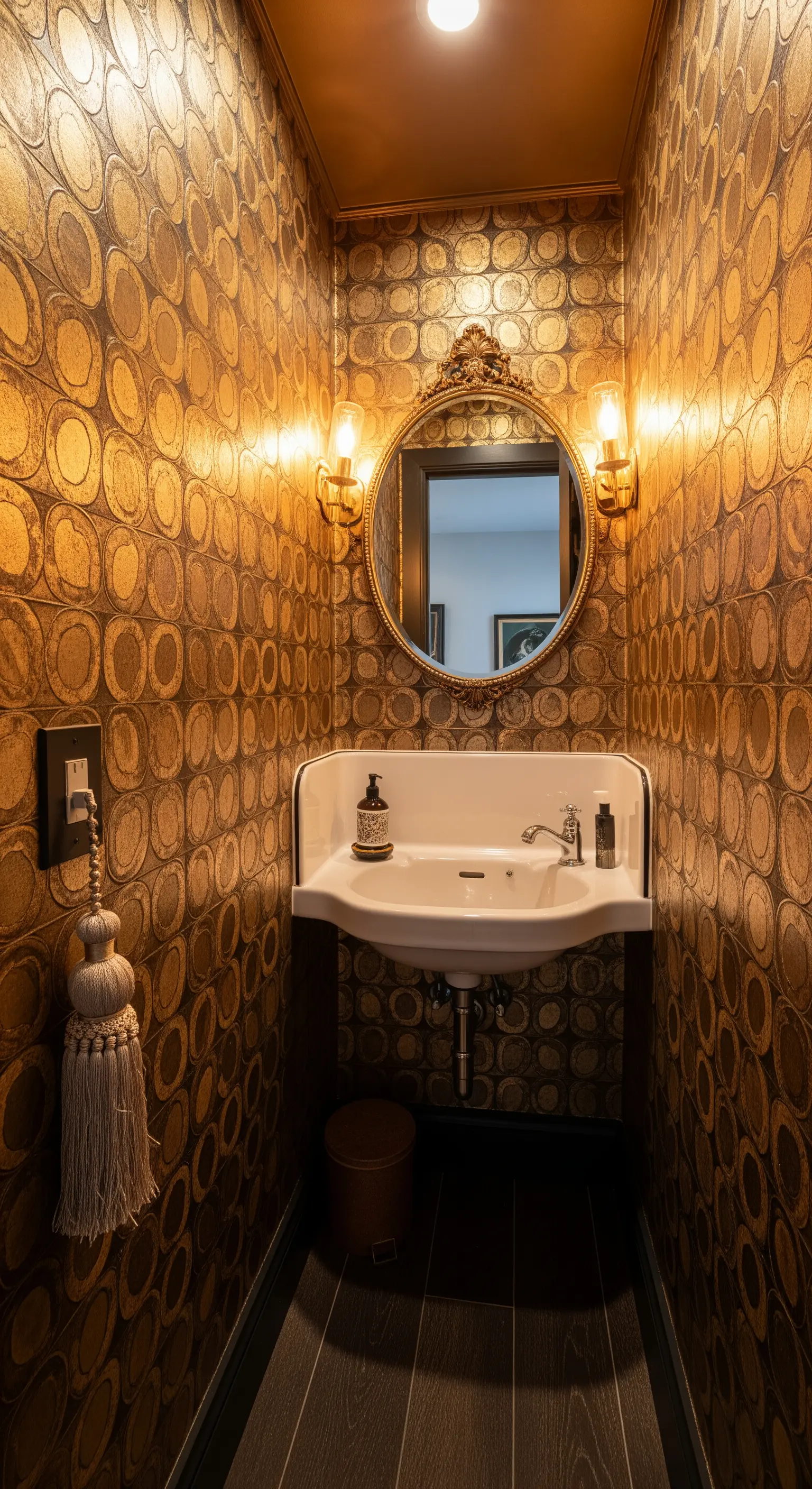 Bagno di servizio con carta da parati dorata e nera e specchio rotondo.