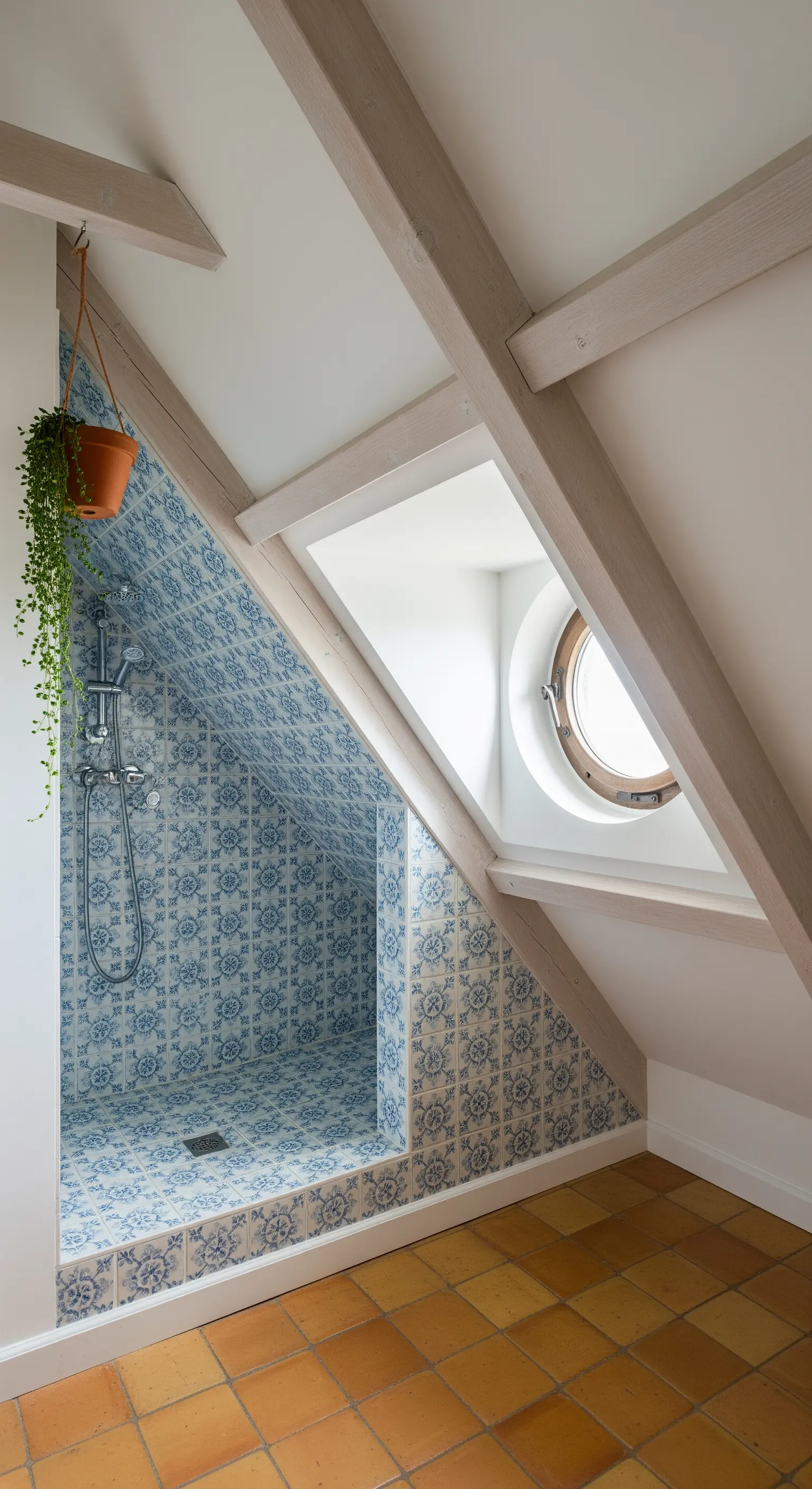 Doccia in mansarda con tetto spiovente rivestito di maioliche azzurre e finestra a oblò.