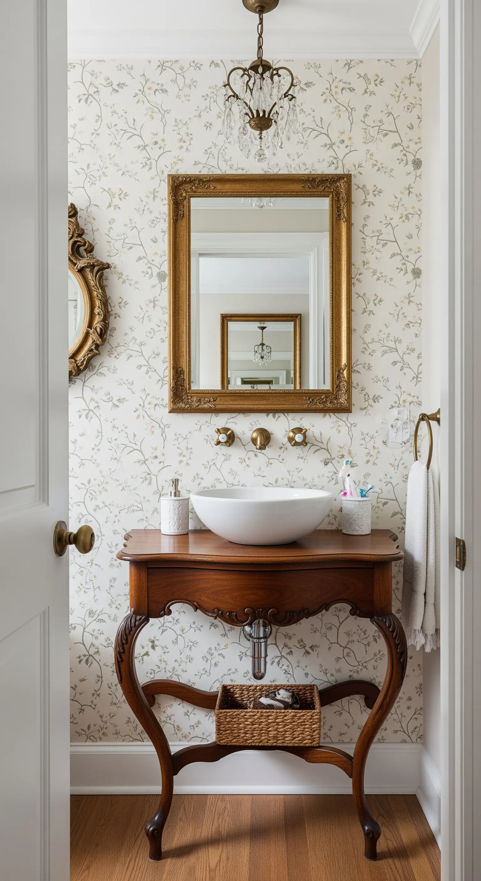 Consolle antica in legno scuro riutilizzata come mobile lavabo in un bagno con carta da parati.