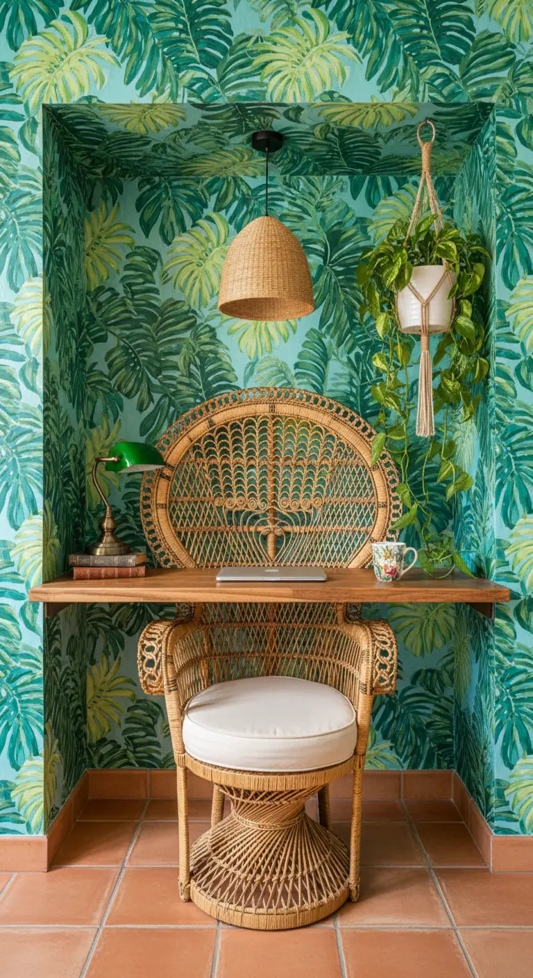 Nicchia rivestita di carta da parati con foglie di monstera, con scrivania e sedia in rattan.