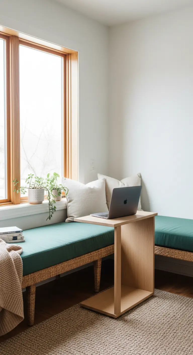 Laptop su un tavolino a C posizionato sopra una panca a finestra con cuscini verdi.