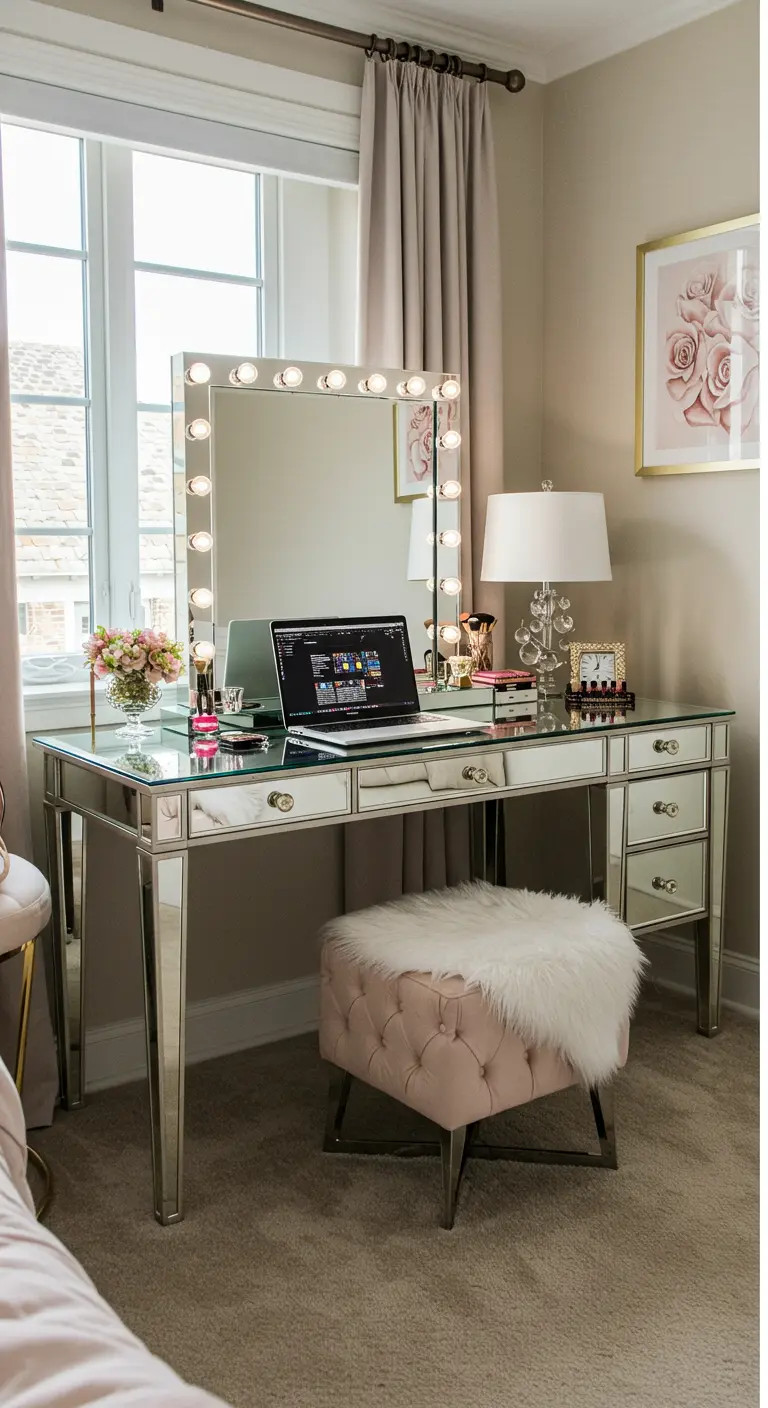 Toeletta a specchio con luci da camerino usata come scrivania in una camera da letto elegante.