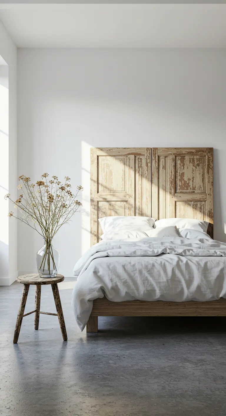 Testiera del letto realizzata con due vecchie porte in legno decapato in una stanza minimalista.