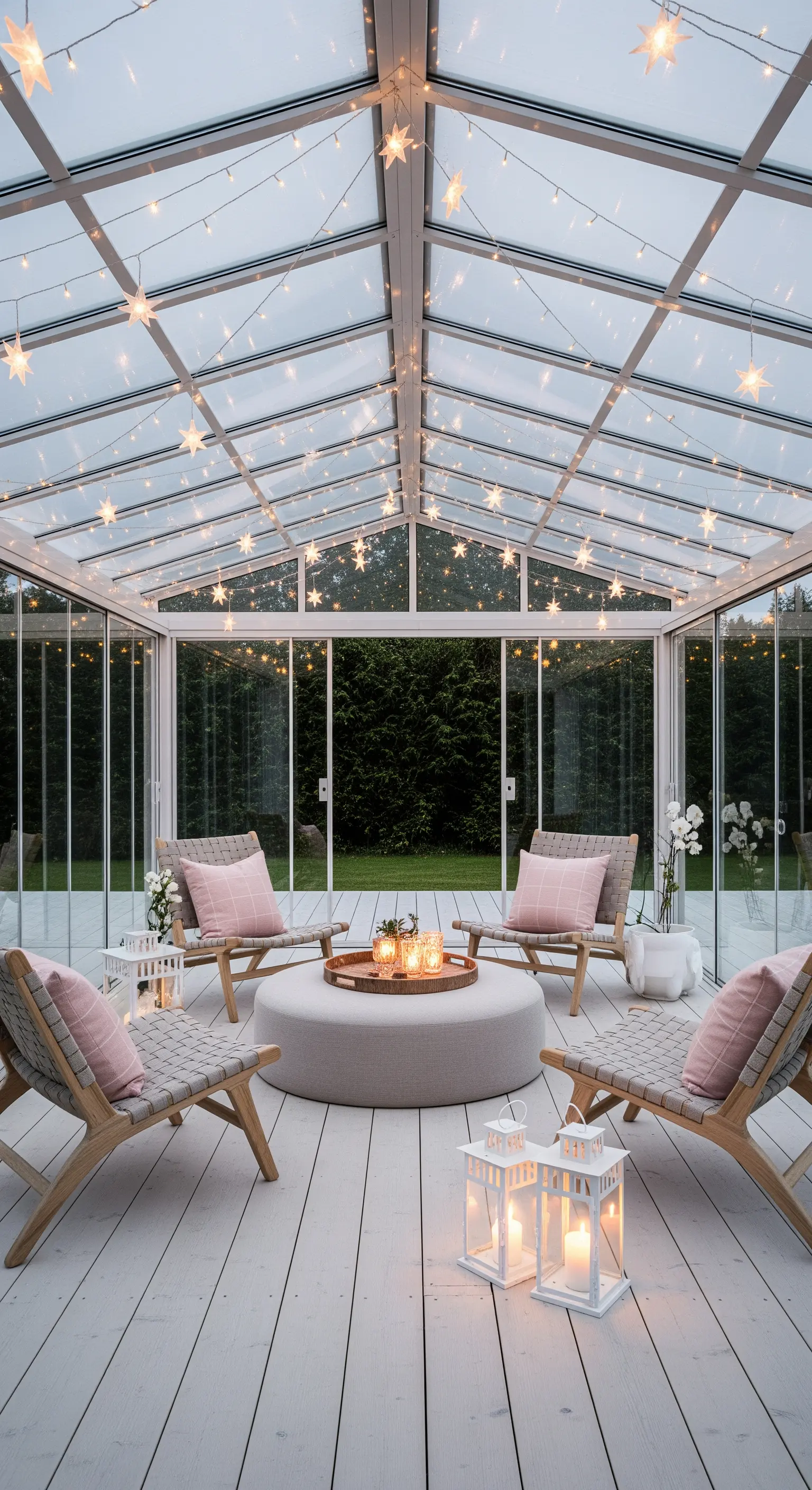 Veranda vetrata con luci a forma di stella sul soffitto e sedute in legno chiaro.