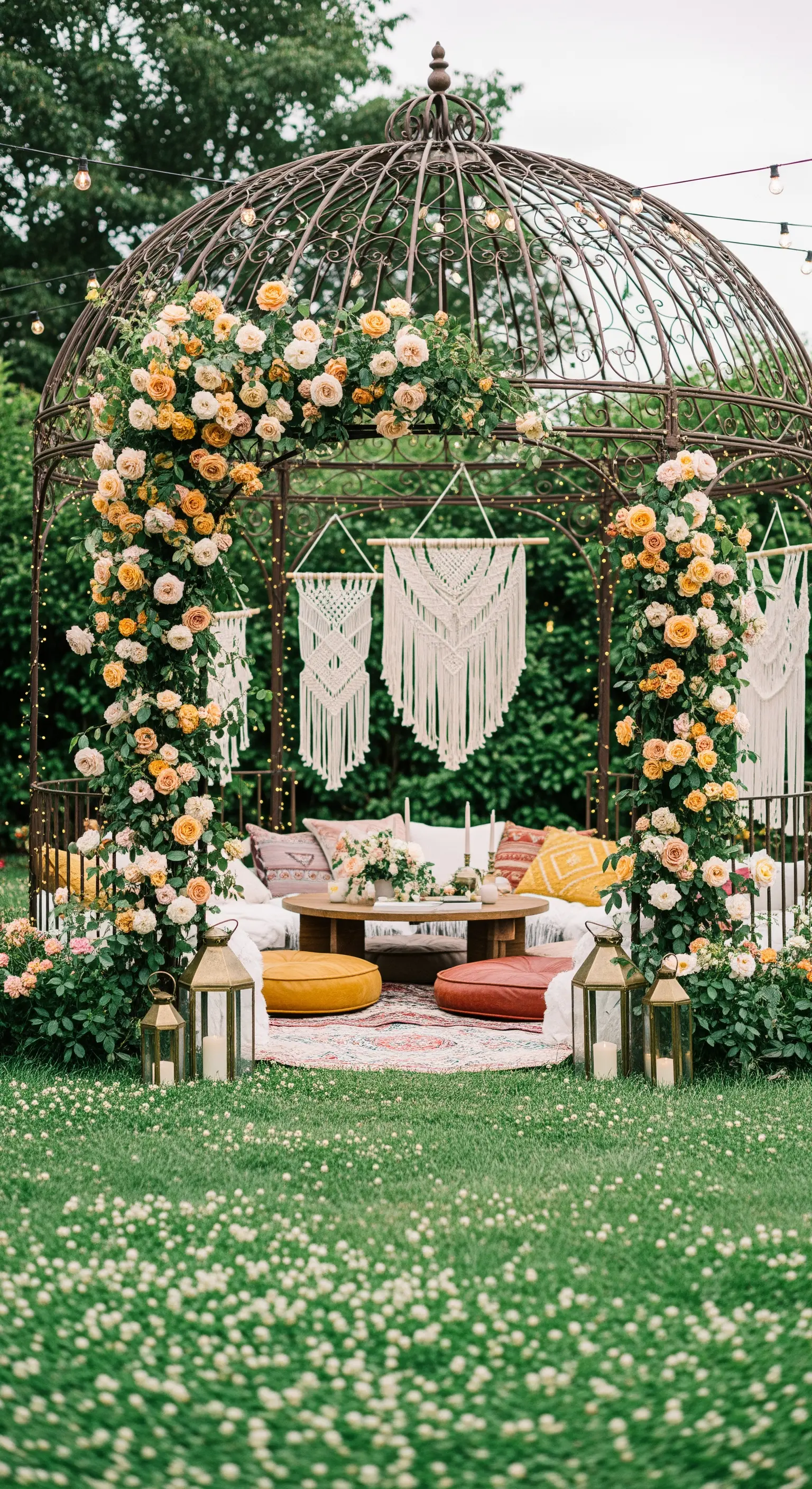 Gazebo arredato in stile boho con tappeti, cuscini, macramè e lanterne, circondato da rose.