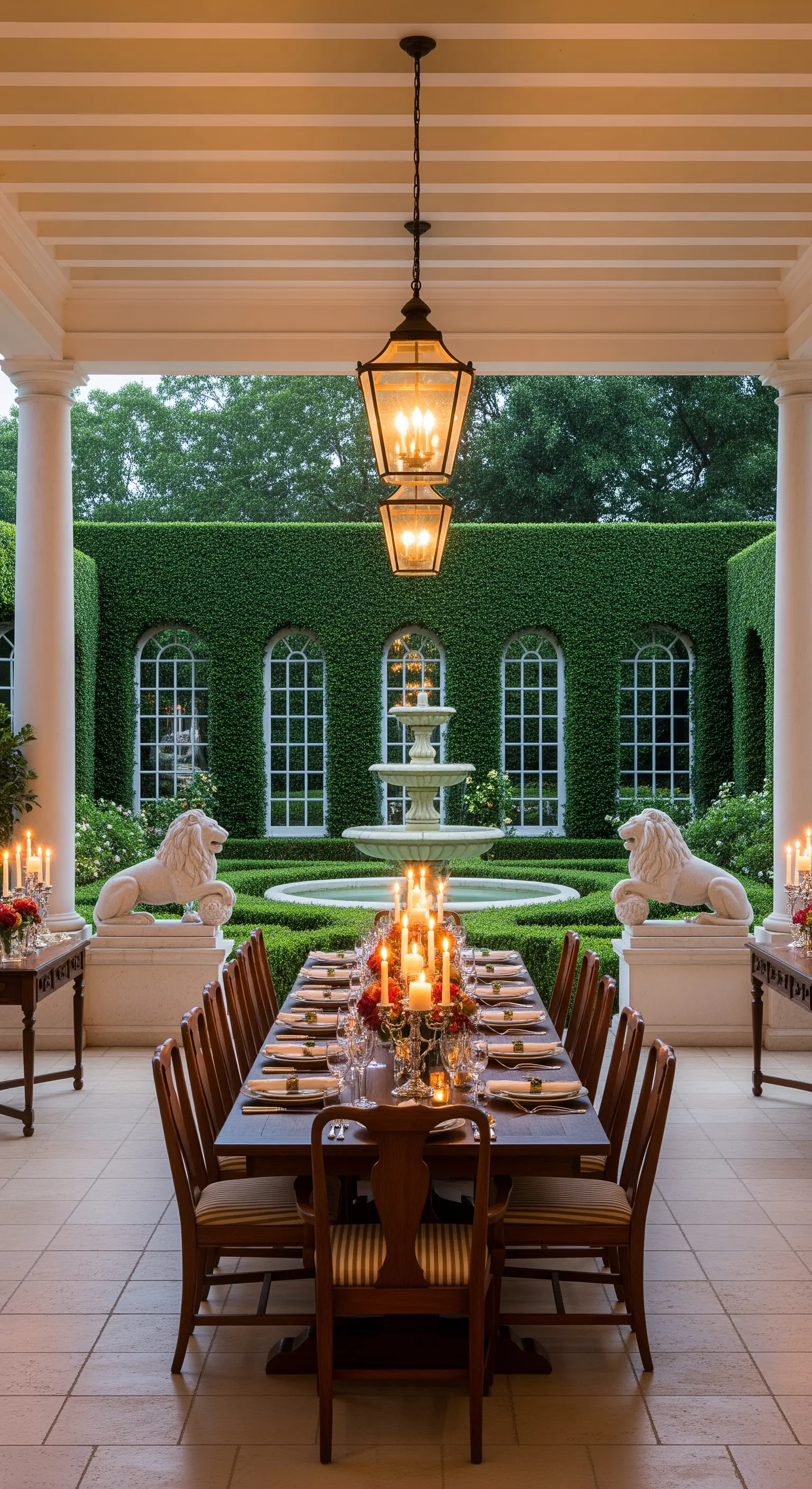 Tavolo da pranzo allestito su una veranda con candele, vista su un giardino con fontana.
