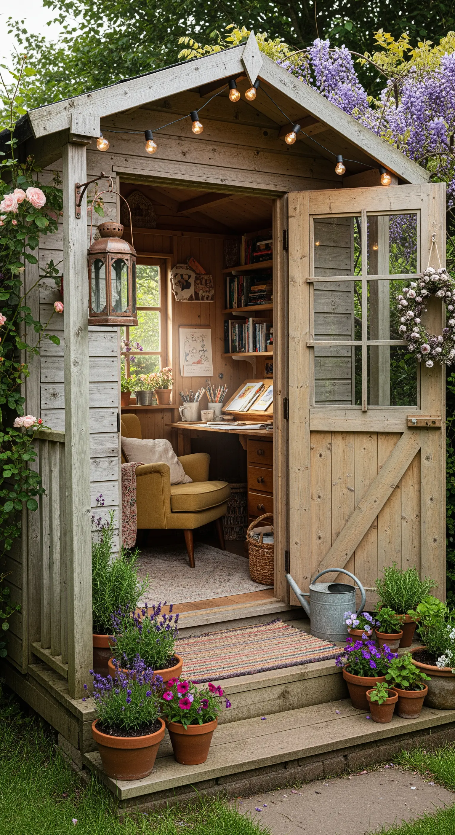 Casetta da giardino in legno trasformata in studio, con lucine e una poltrona gialla.